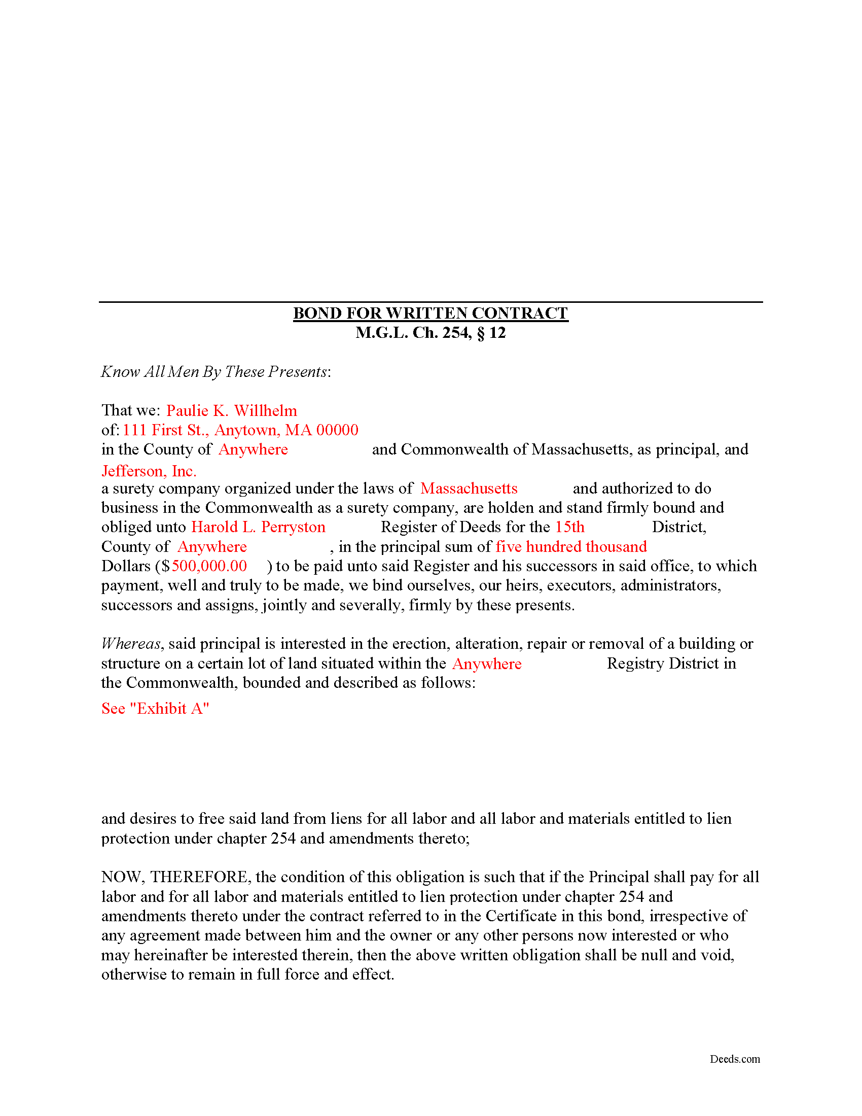 Plymouth County Completed Example of the Bond for Written Contract Document