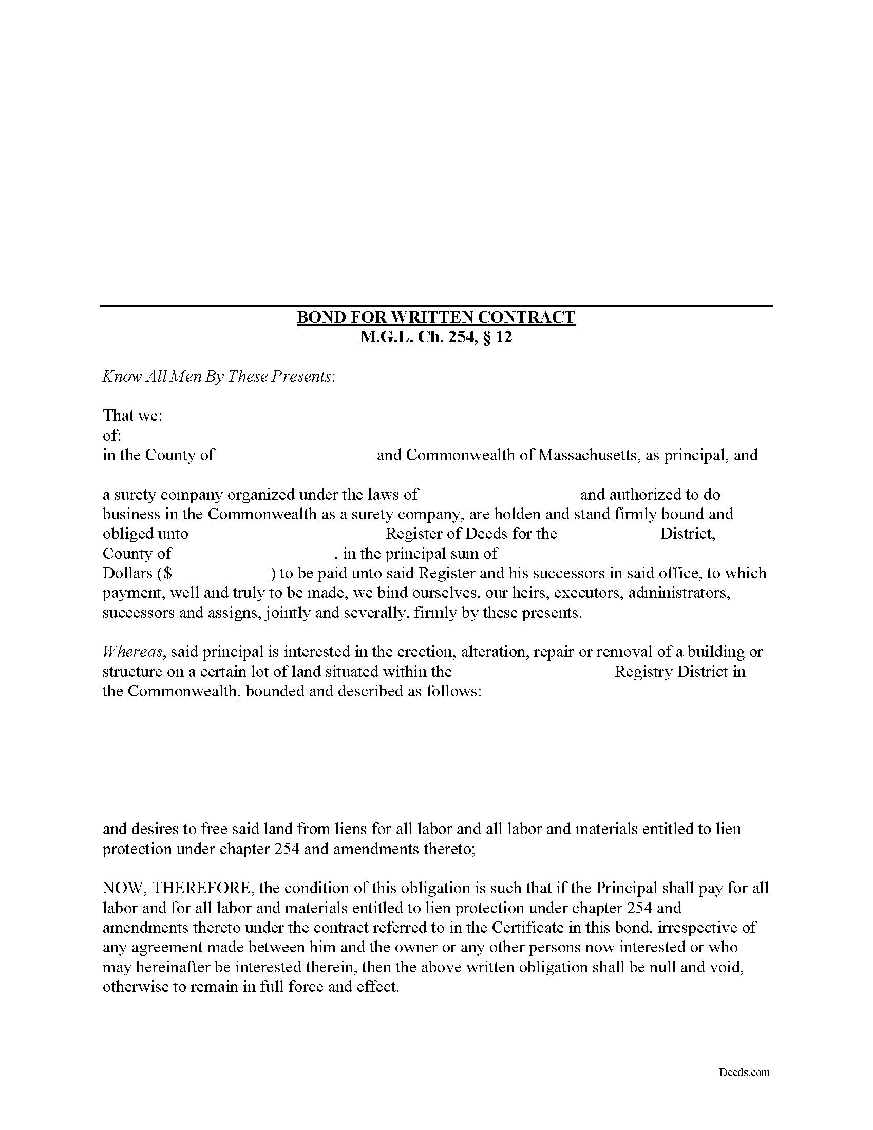 Plymouth County Bond for Written Contract Form