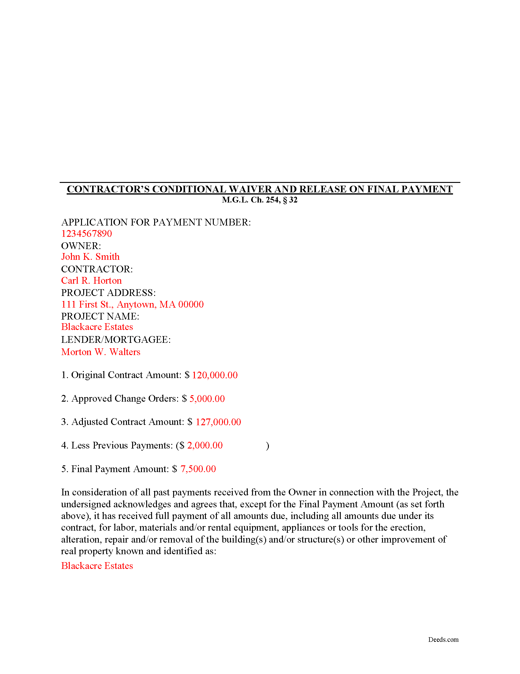 Completed Example of the Contractor Full Conditional Lien Waiver Document