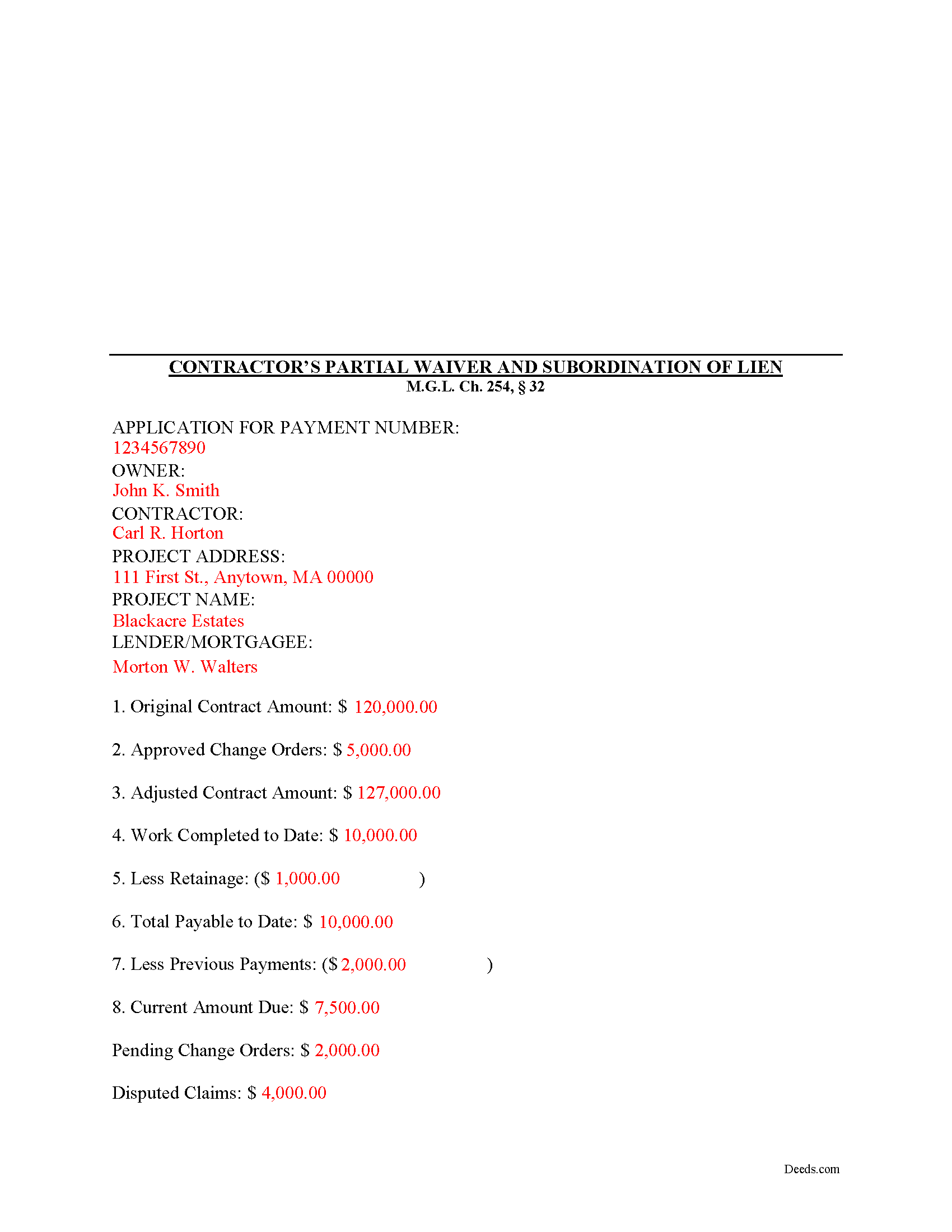Hampshire County Completed Example of the Contractor Partial Waiver and Subordination of Lien Document