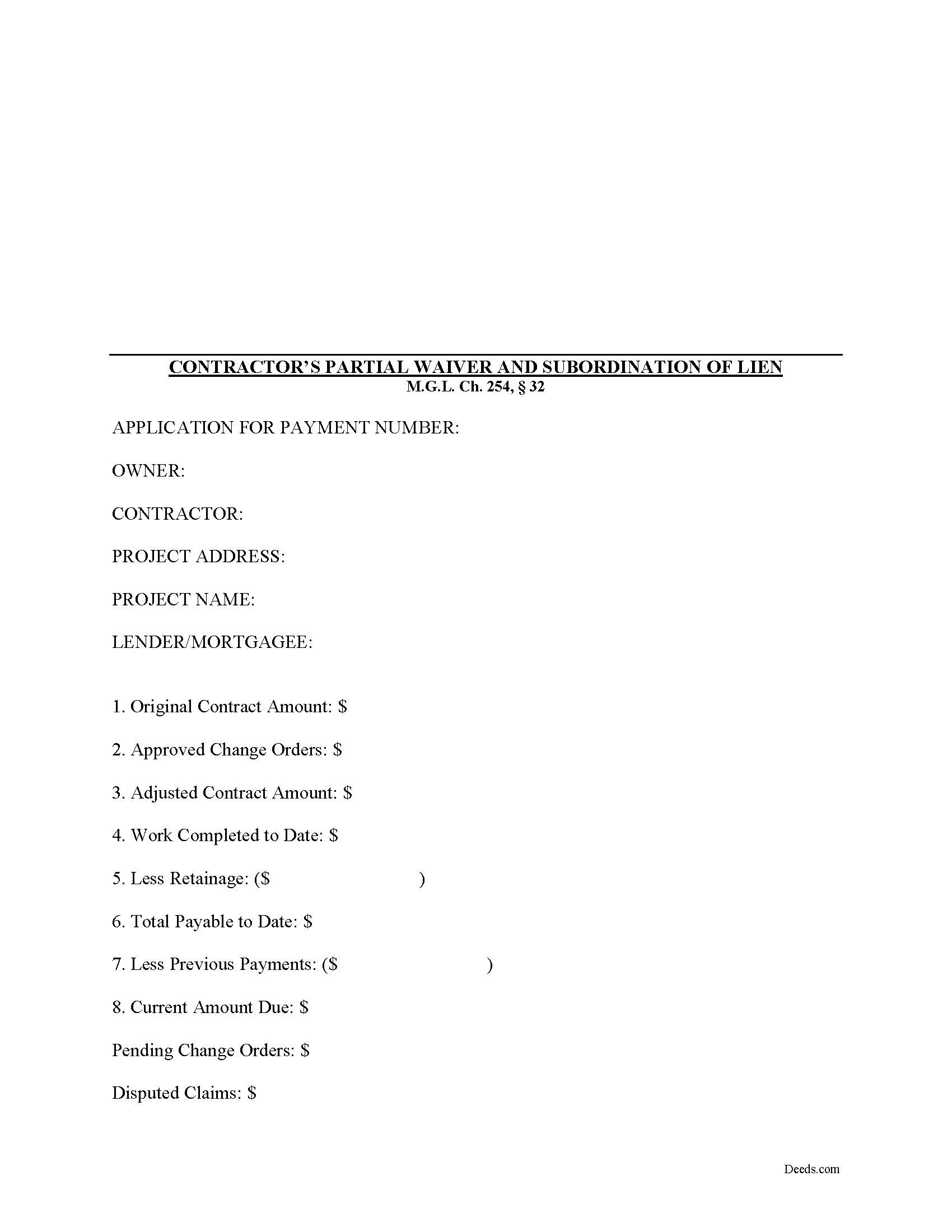 Hampshire County Contractor Partial Waiver and Subordination of Lien Form