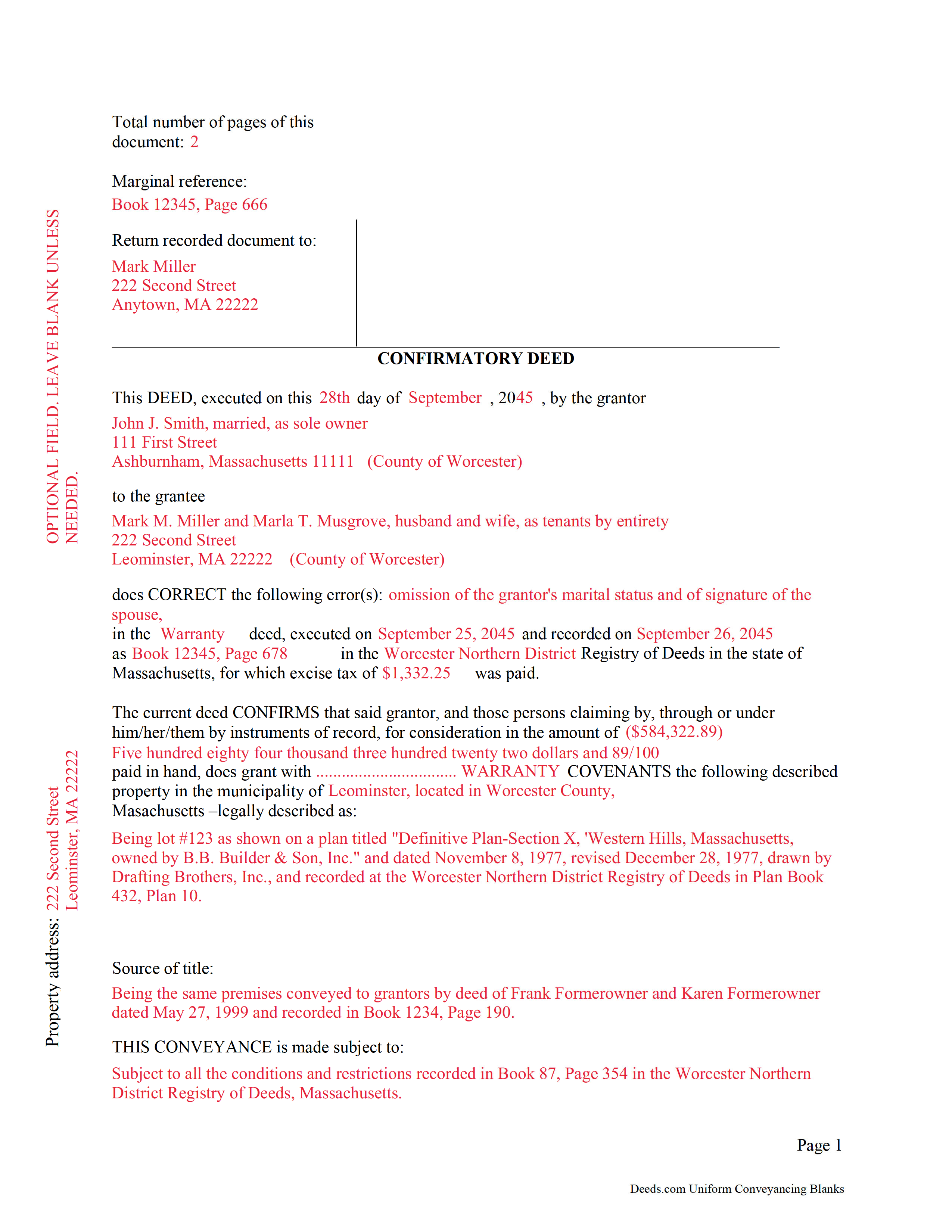 Worcester County Completed Example of a Correction Deed Document