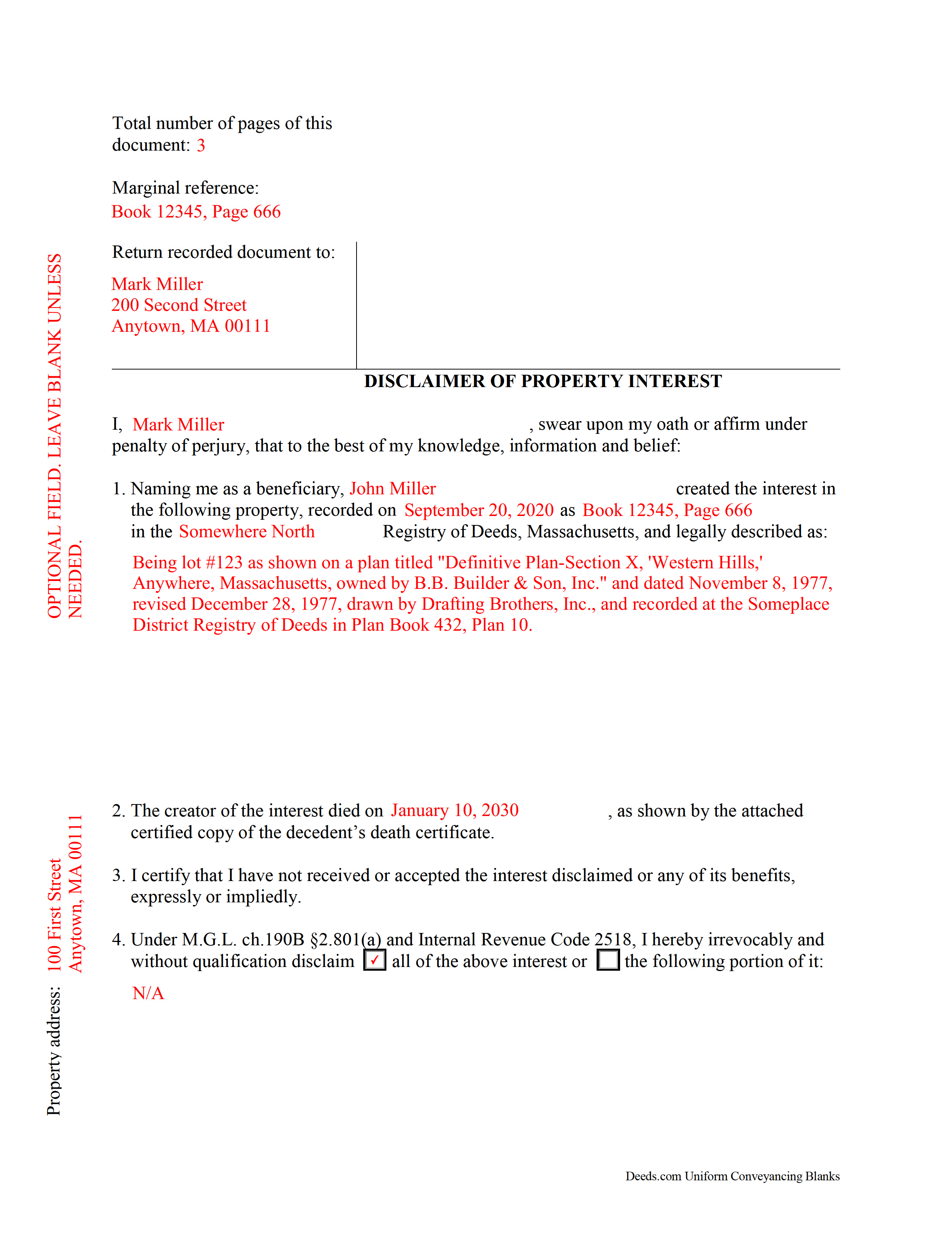 Completed Example of the Disclaimer of Interest Document