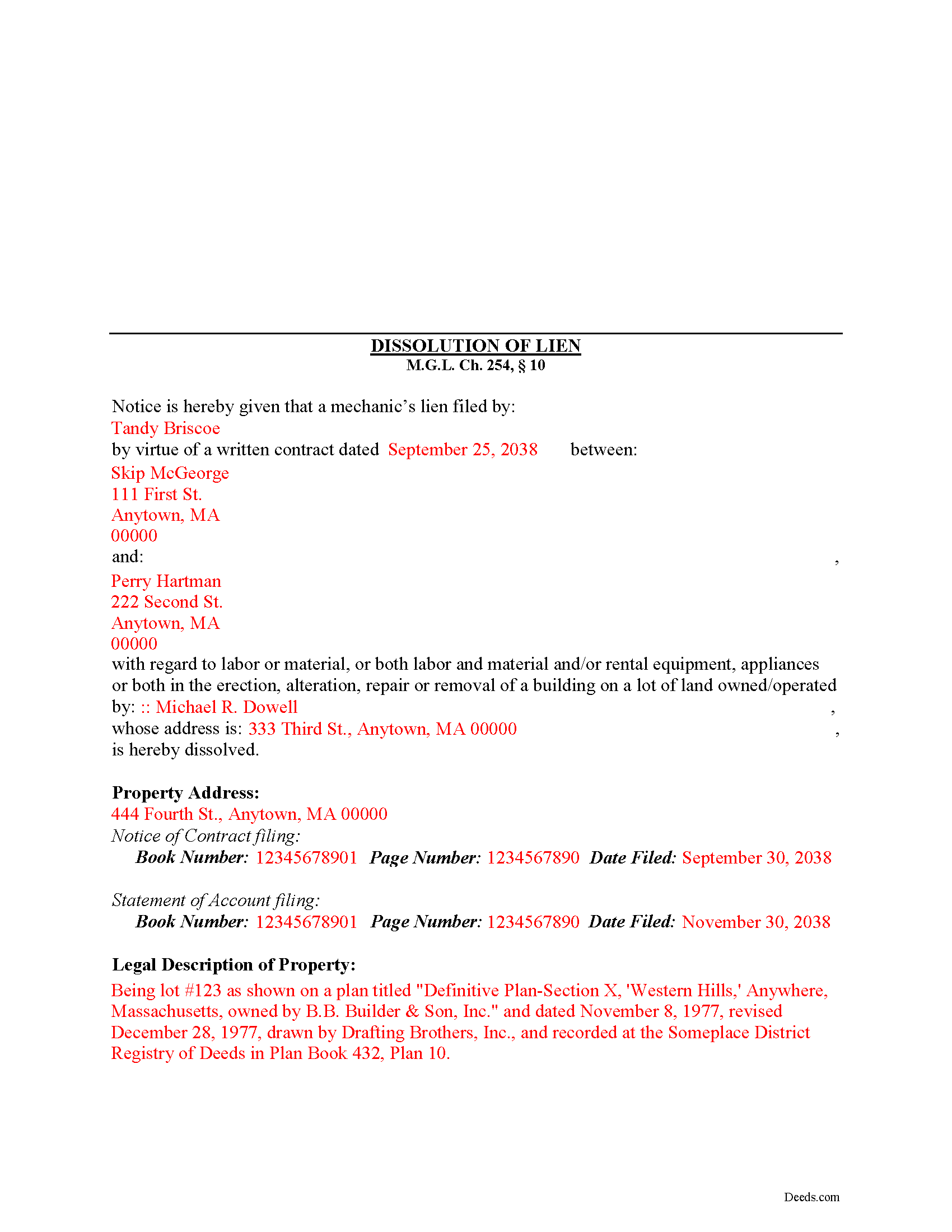 Completed Example of the Dissolution of Lien Document