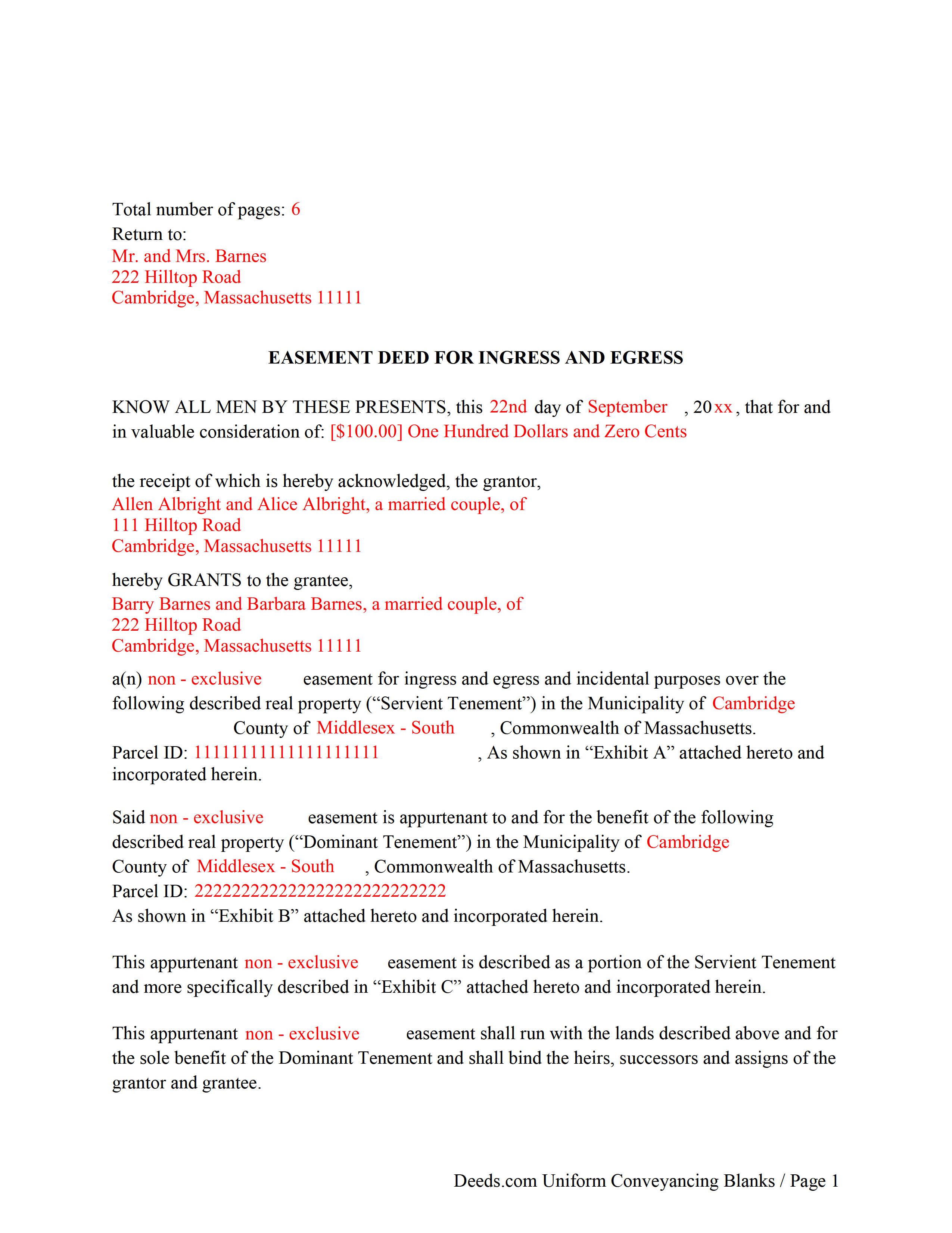 Completed Example of the Easement Deed Document