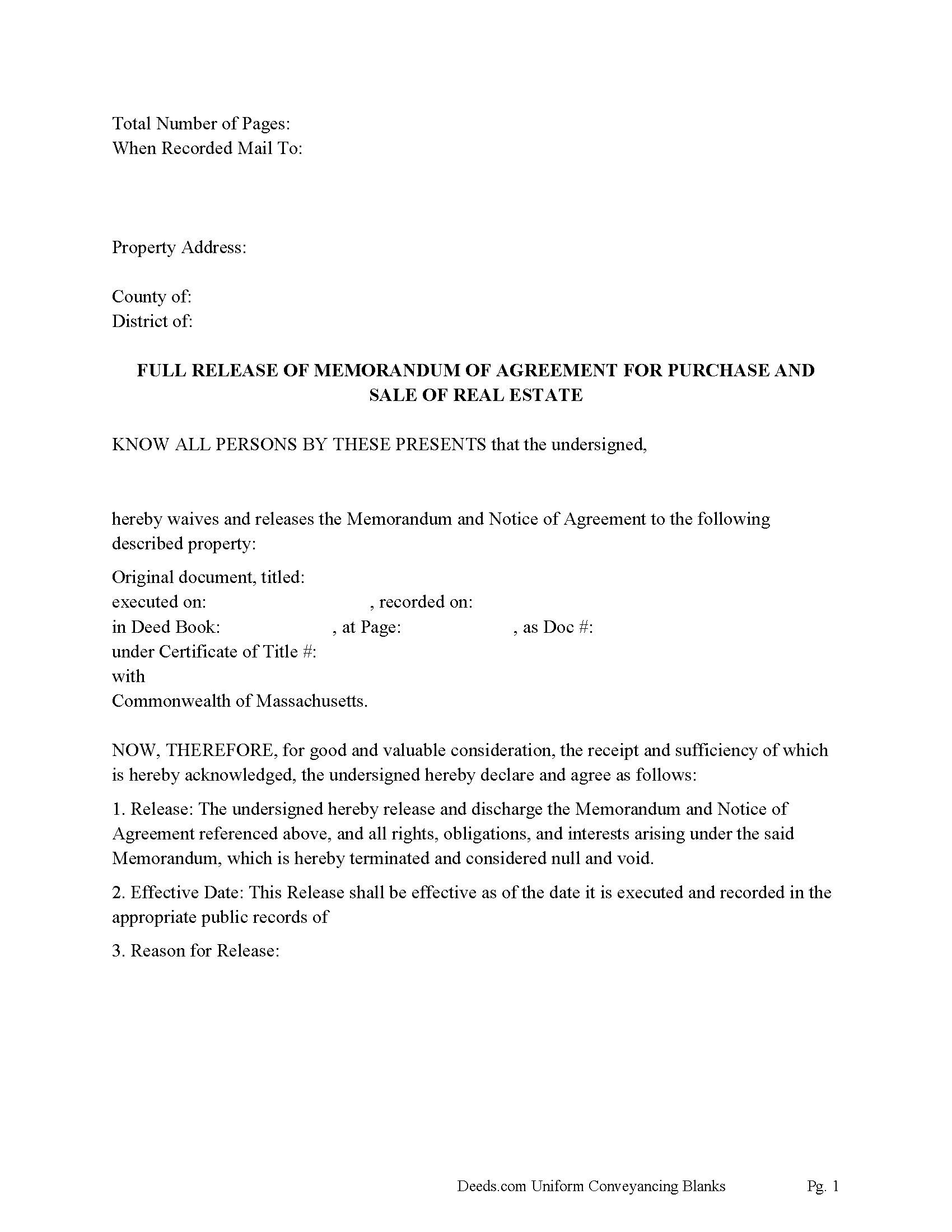 Berkshire County Full Release of Memorandum of Agreement for Purchase and Sale of Real Estate Form