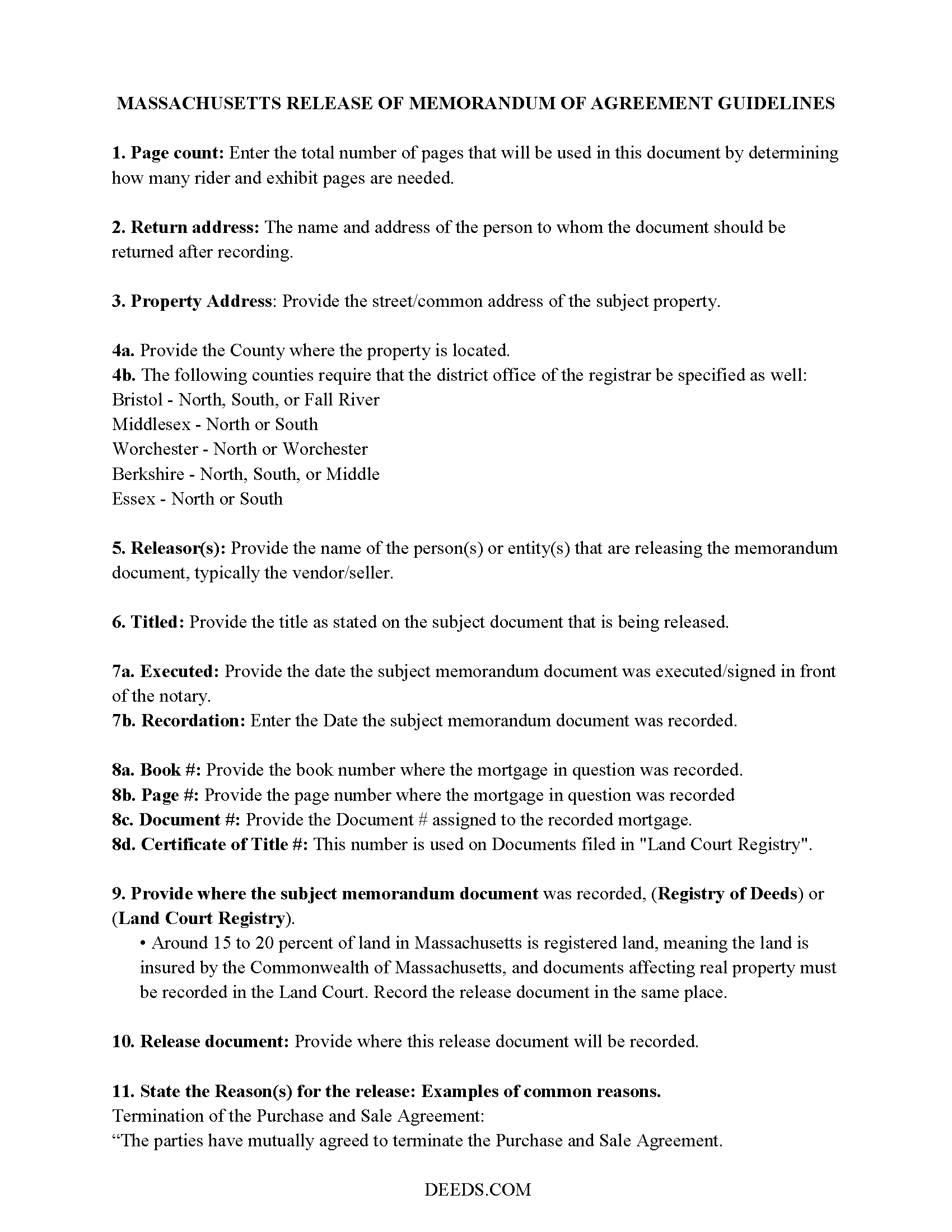 Berkshire County Full Release of Memorandum of Agreement for Purchase and Sale of Real Estate Guide