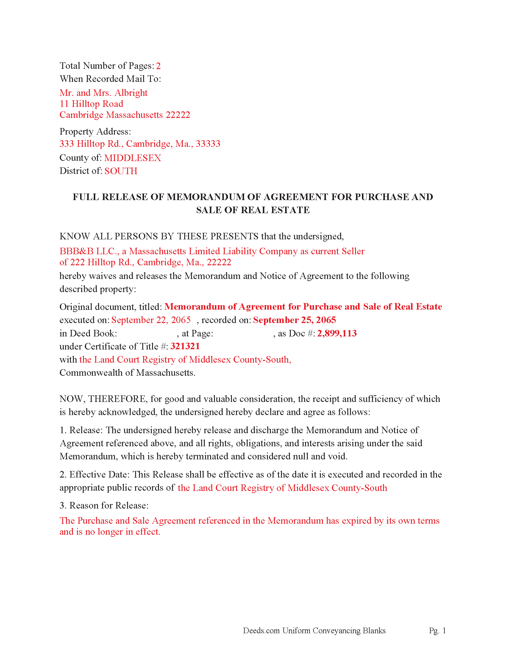 Berkshire County Completed Example of the Full Release of Memorandum of Agreement for Purchase and Sale of Real Estate Document
