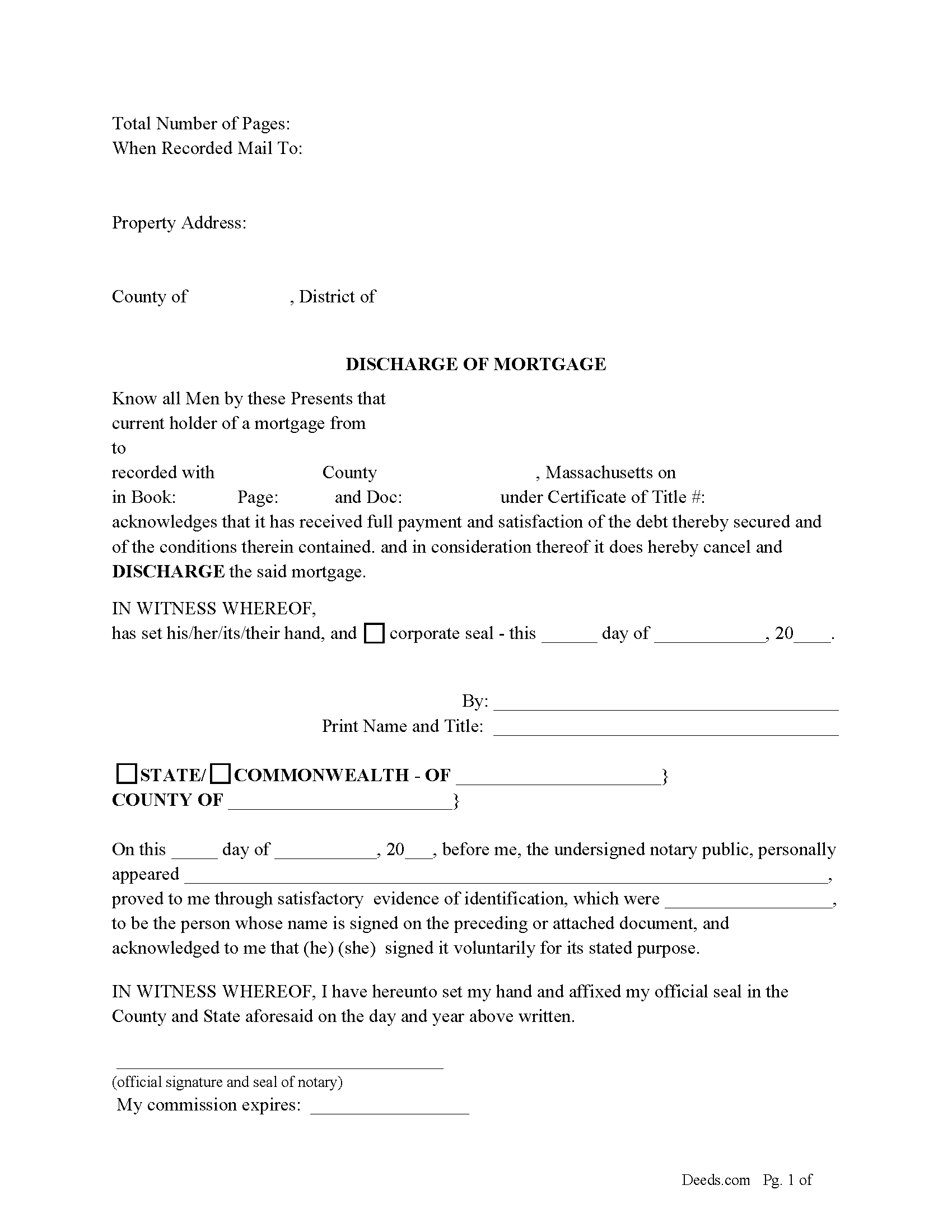 Massachusetts Discharge of Mortgage Image