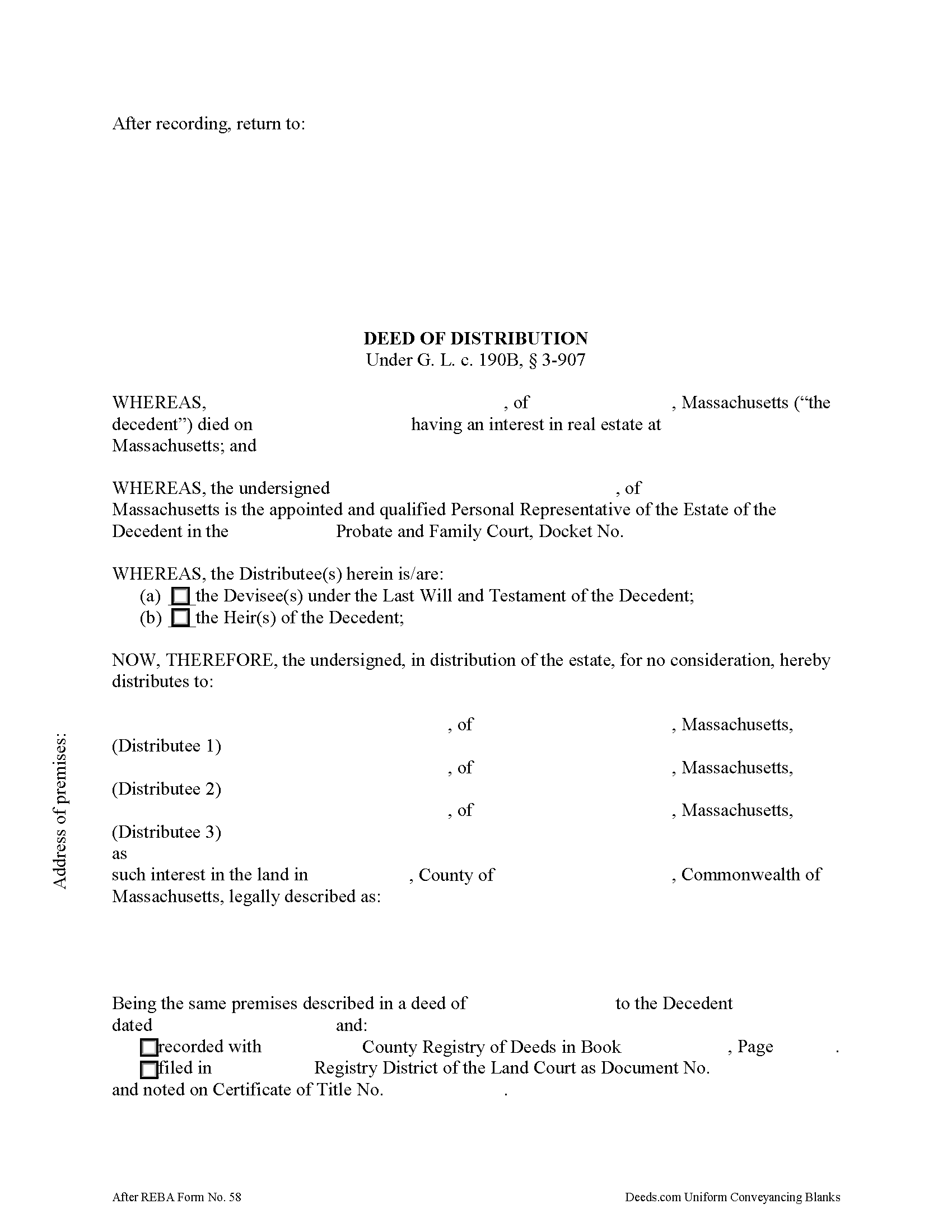 Massachusetts Personal Representative Deed of Distribution Image