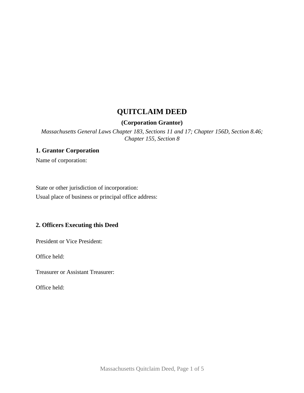 Massachusetts Quitclaim Deed (Corporation Grantor)