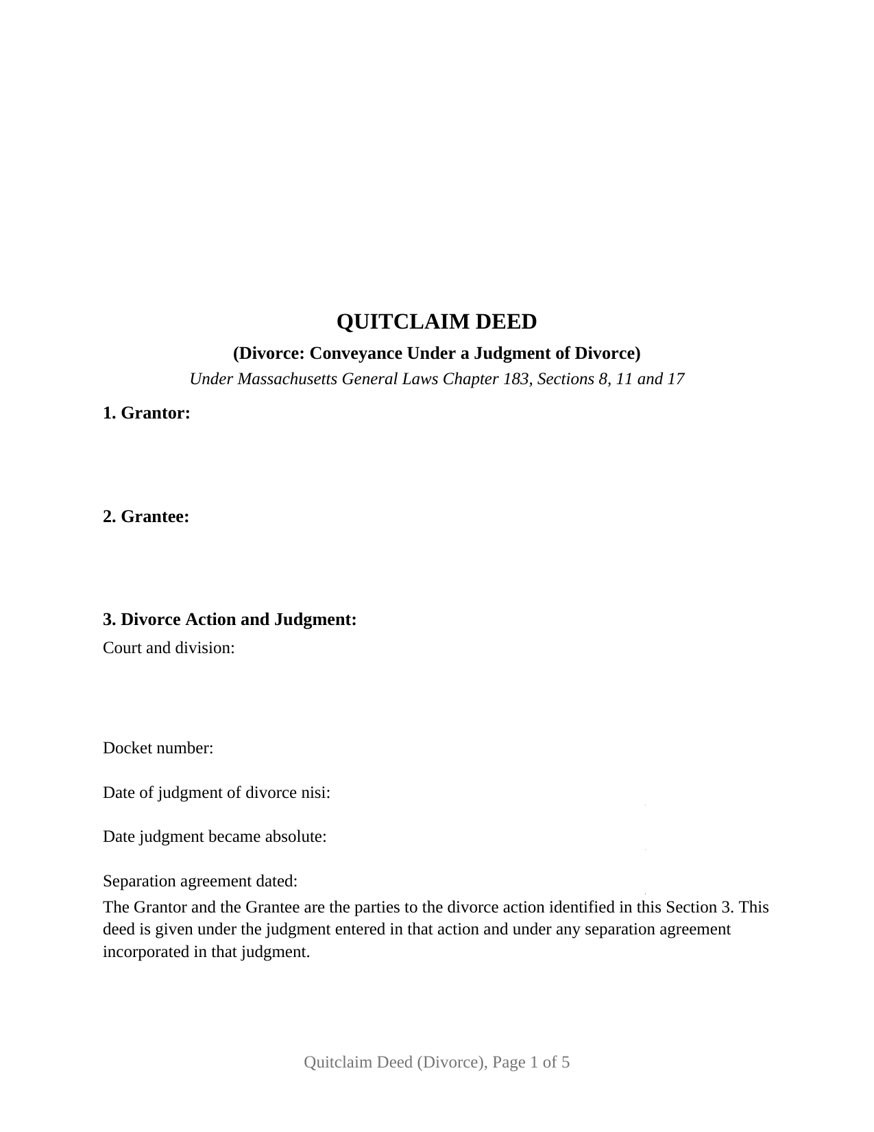 Massachusetts Quitclaim Deed (Divorce)