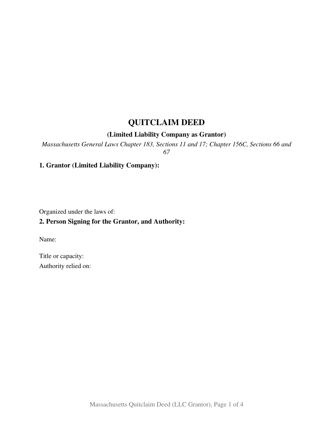 Massachusetts Quitclaim Deed (LLC Grantor)