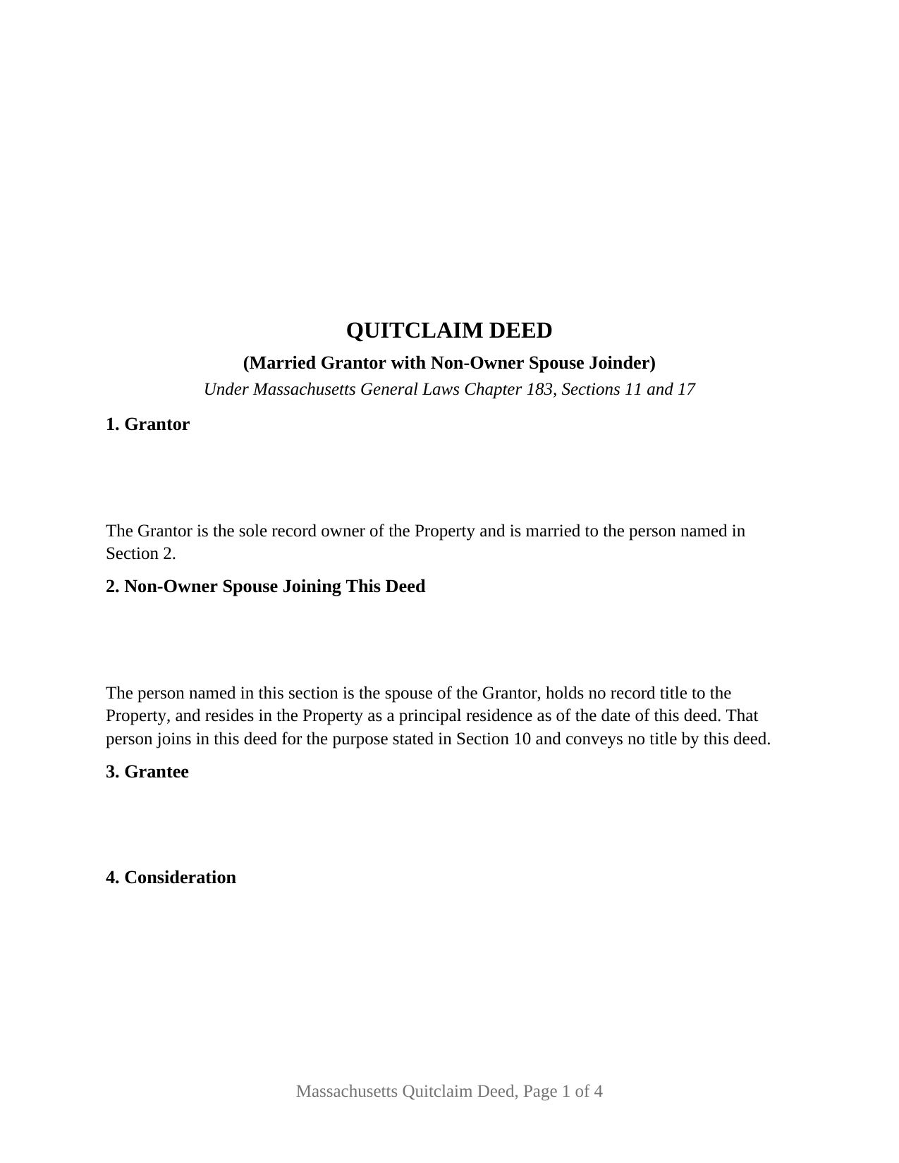 Massachusetts Quitclaim Deed (Married Grantor with Non-Owner Spouse Joinder)