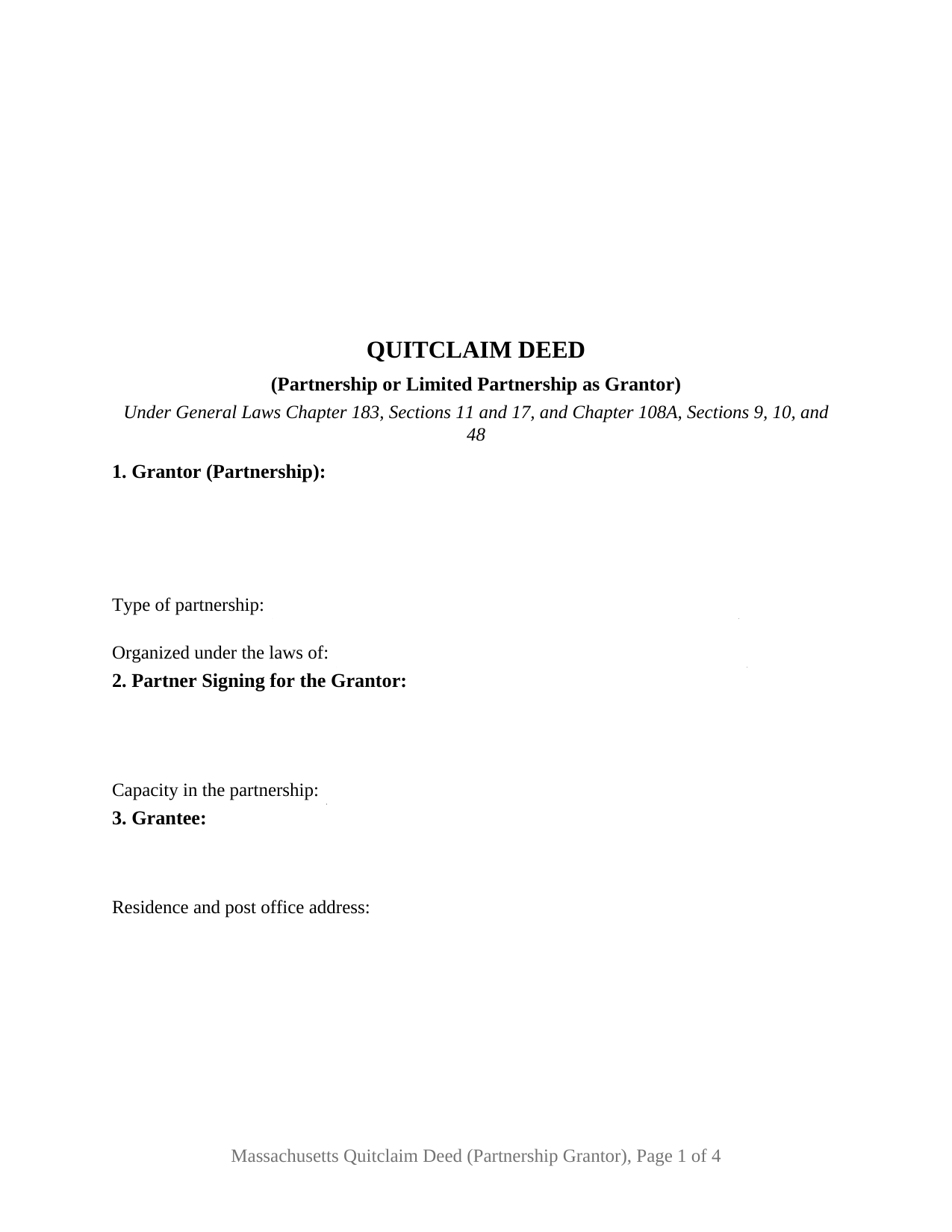 Massachusetts Quitclaim Deed (Partnership or Limited Partnership Grantor)