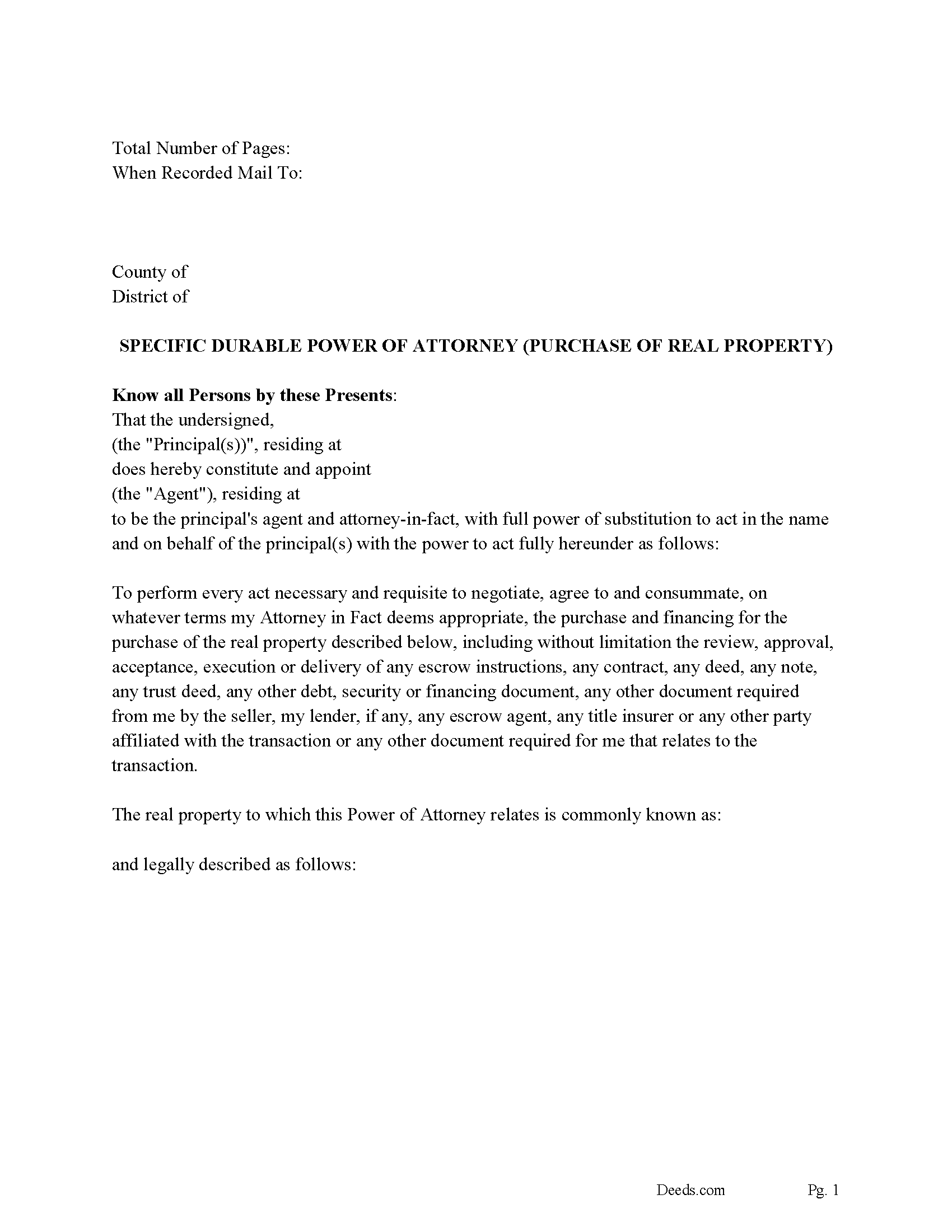 Massachusetts Specific Durable Power of Attorney for the Purchase of Real Property Image