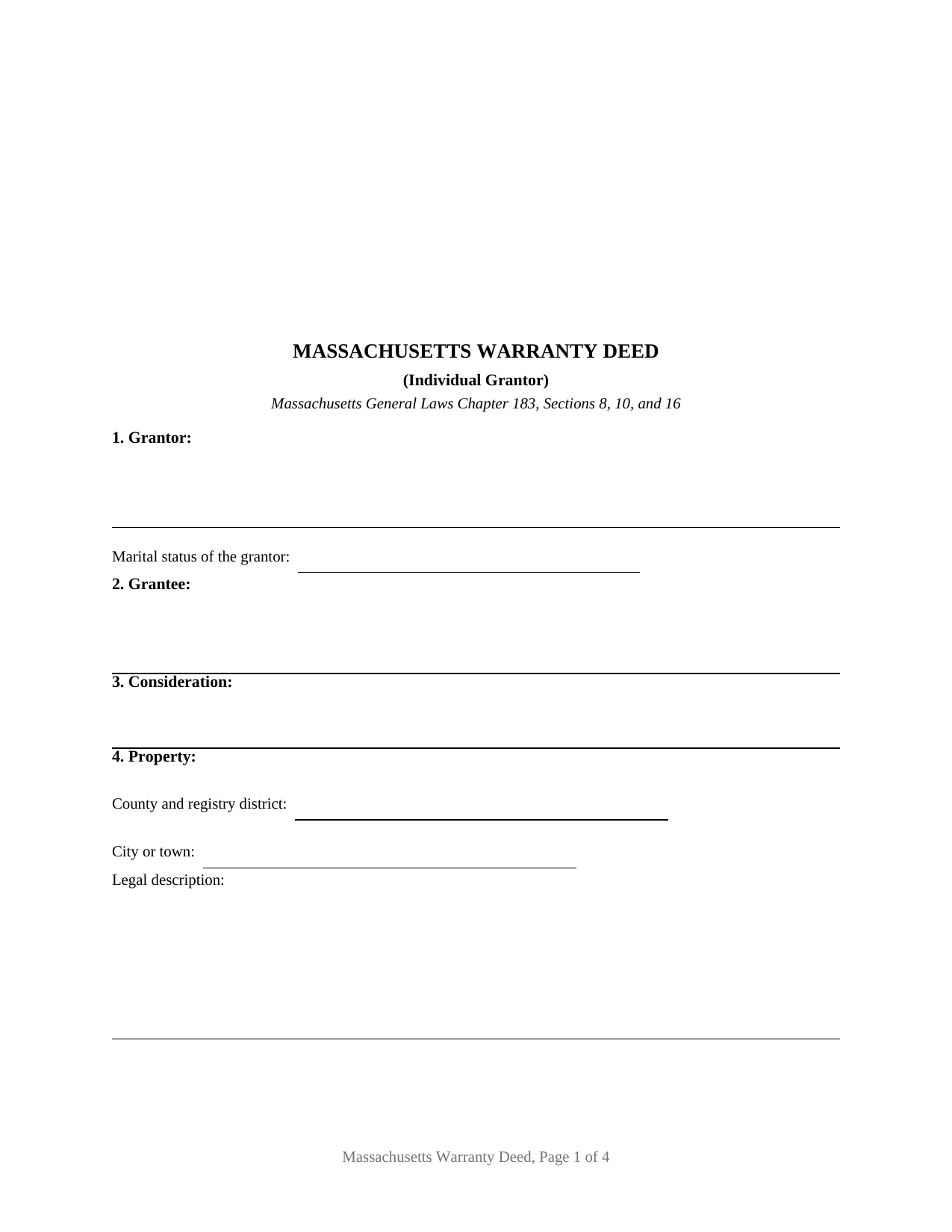 Massachusetts Warranty Deed (Individual Grantor)