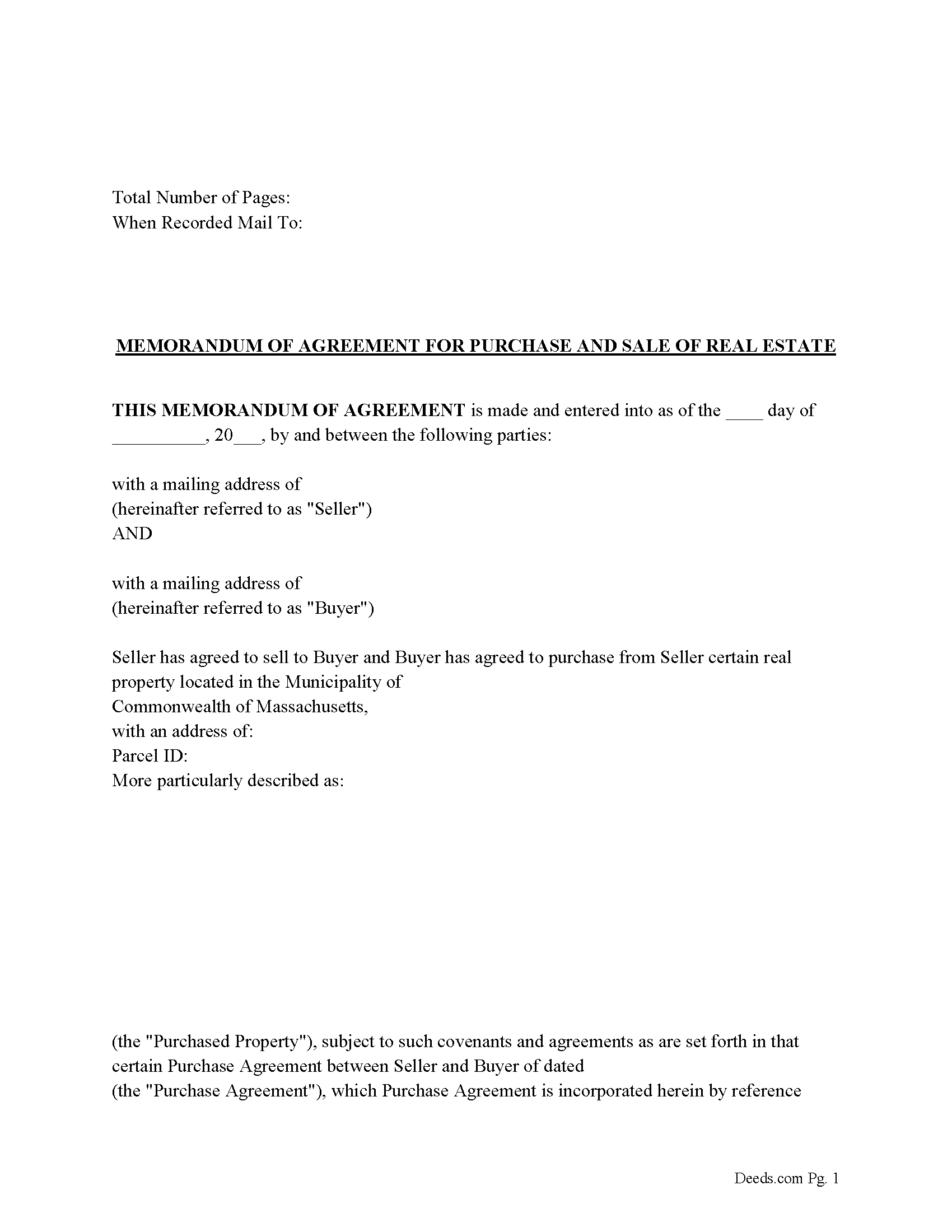 Worcester County Memorandum of Agreement for Purchase and Sale of Real Estate Form