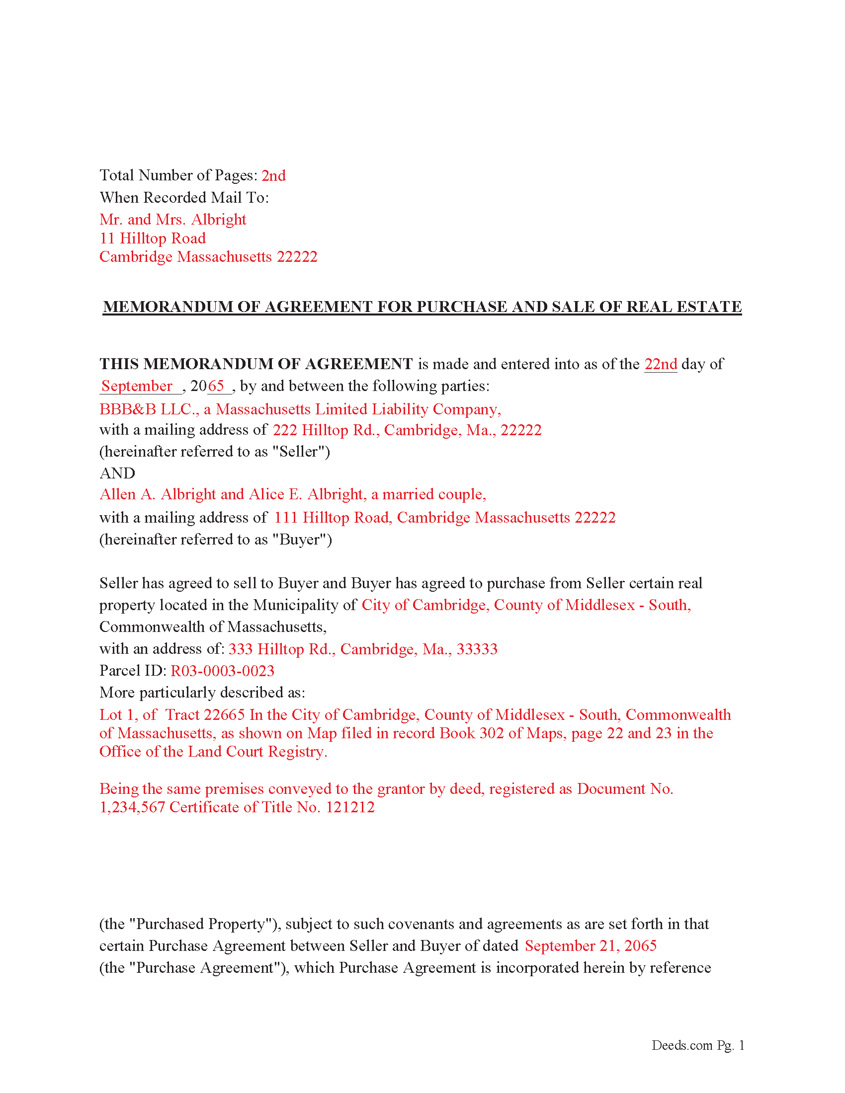 Worcester County Completed Example of the Memorandum of Agreement for Purchase and Sale of Real Estate Document