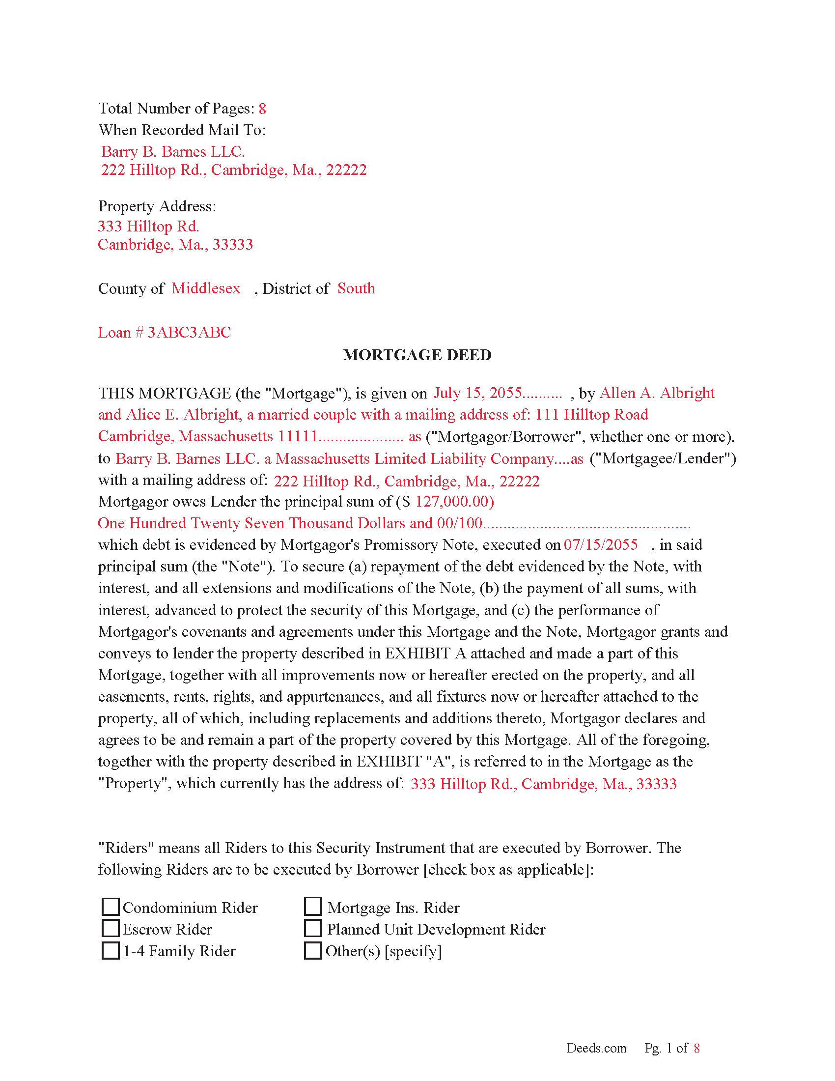 Completed Example of the Mortgage Deed Document