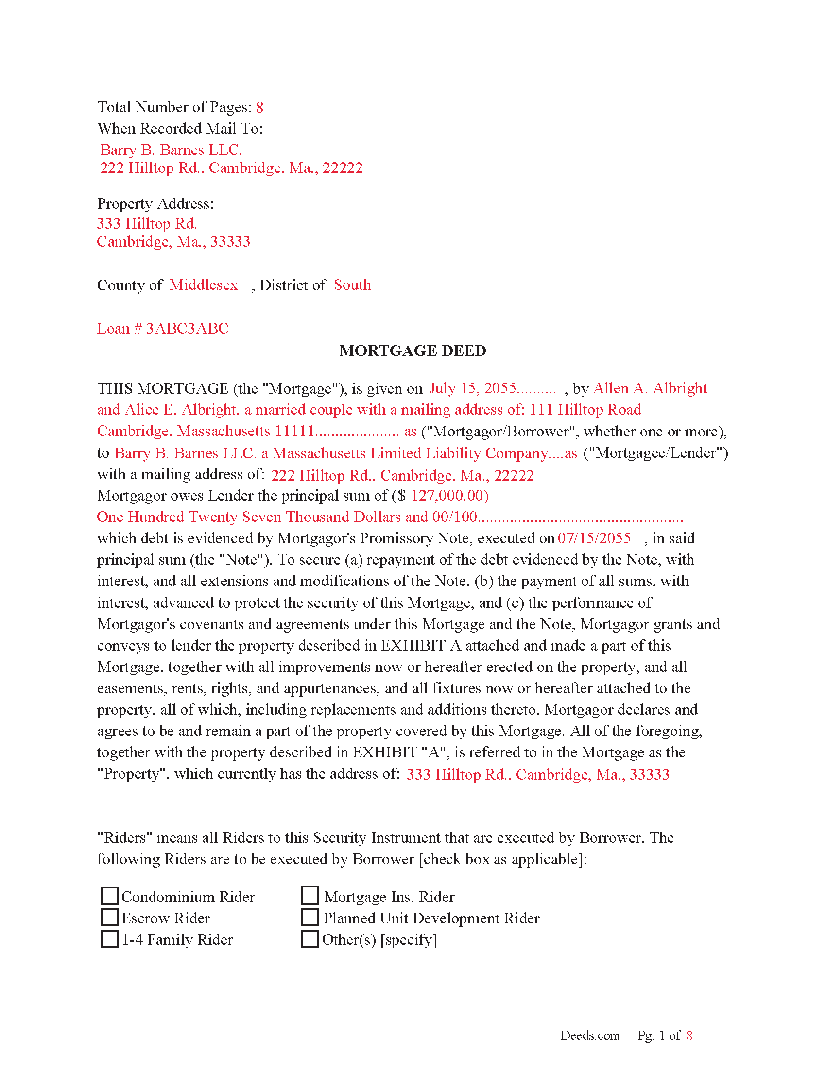 Worcester County Completed Example of the Mortgage Deed Document