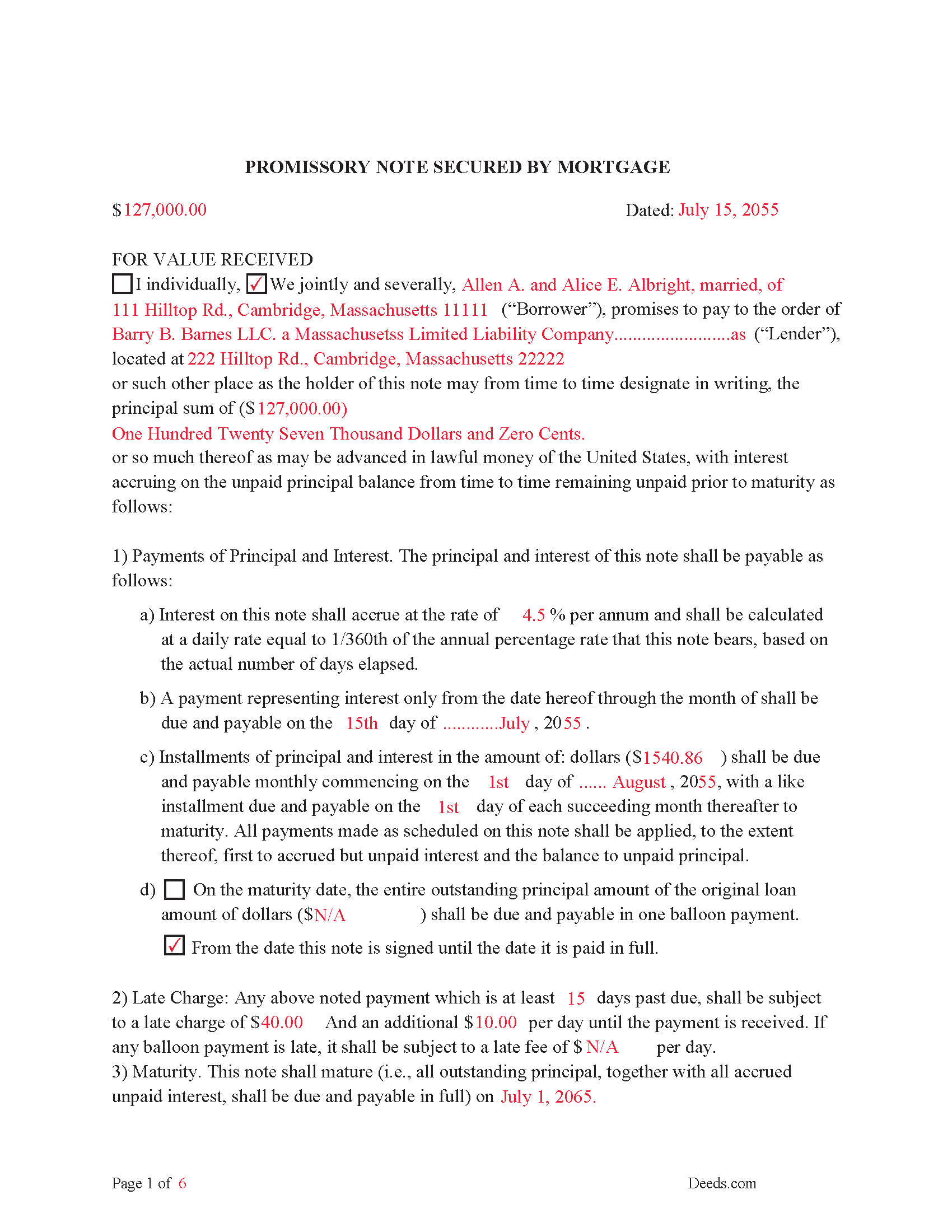 Worcester County Completed Example of the Promissory Note Document