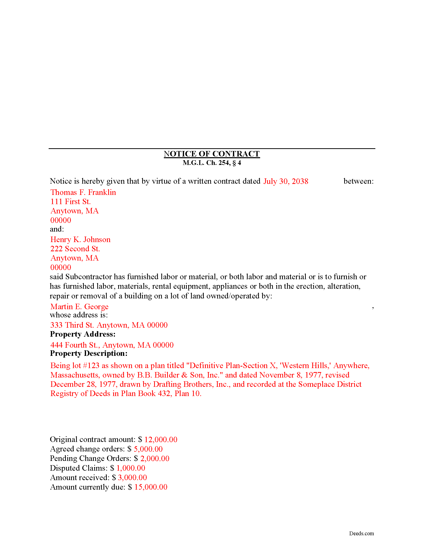 Hampden County Completed Example of the Notice of Contract Document