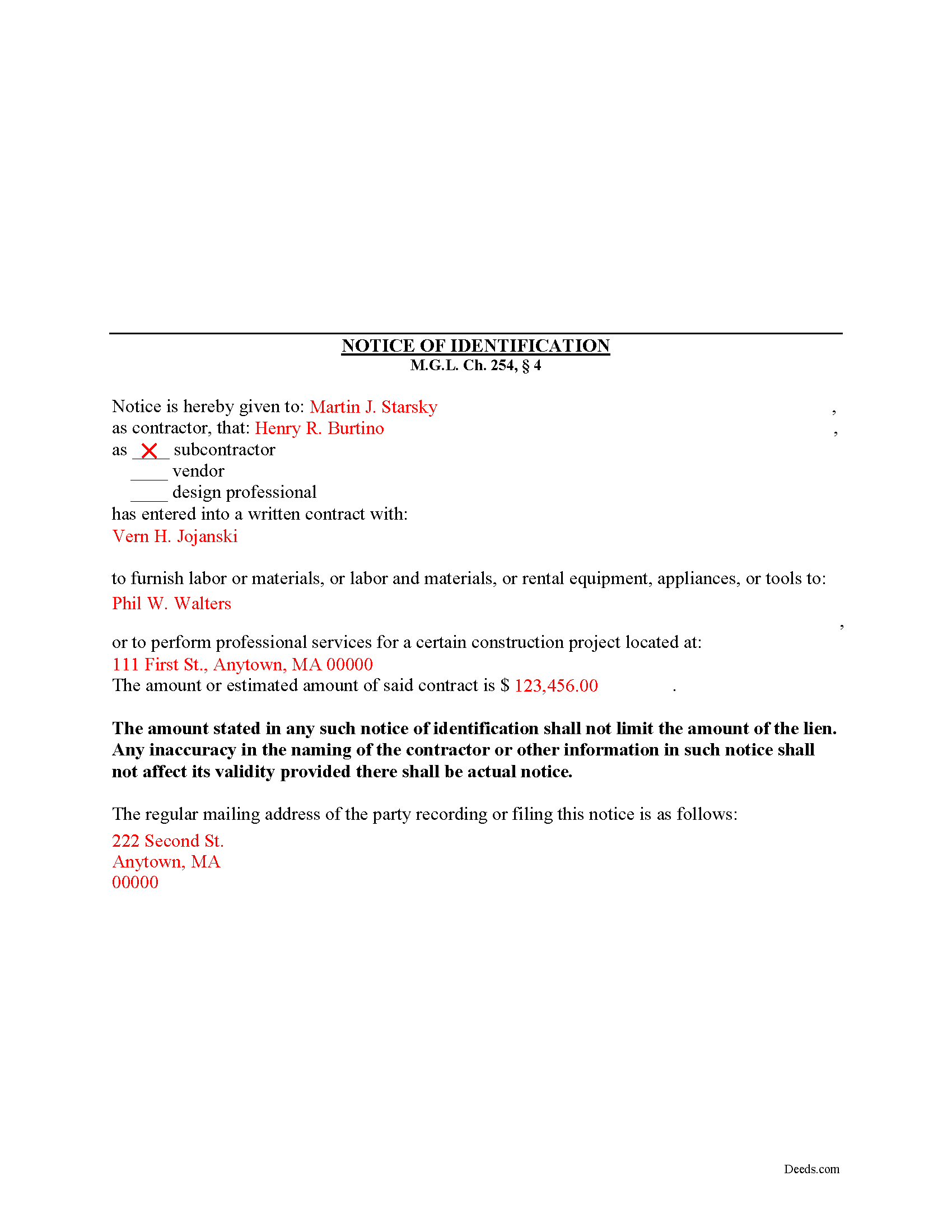 Hampden County Completed Example of the Notice of Indentification Document