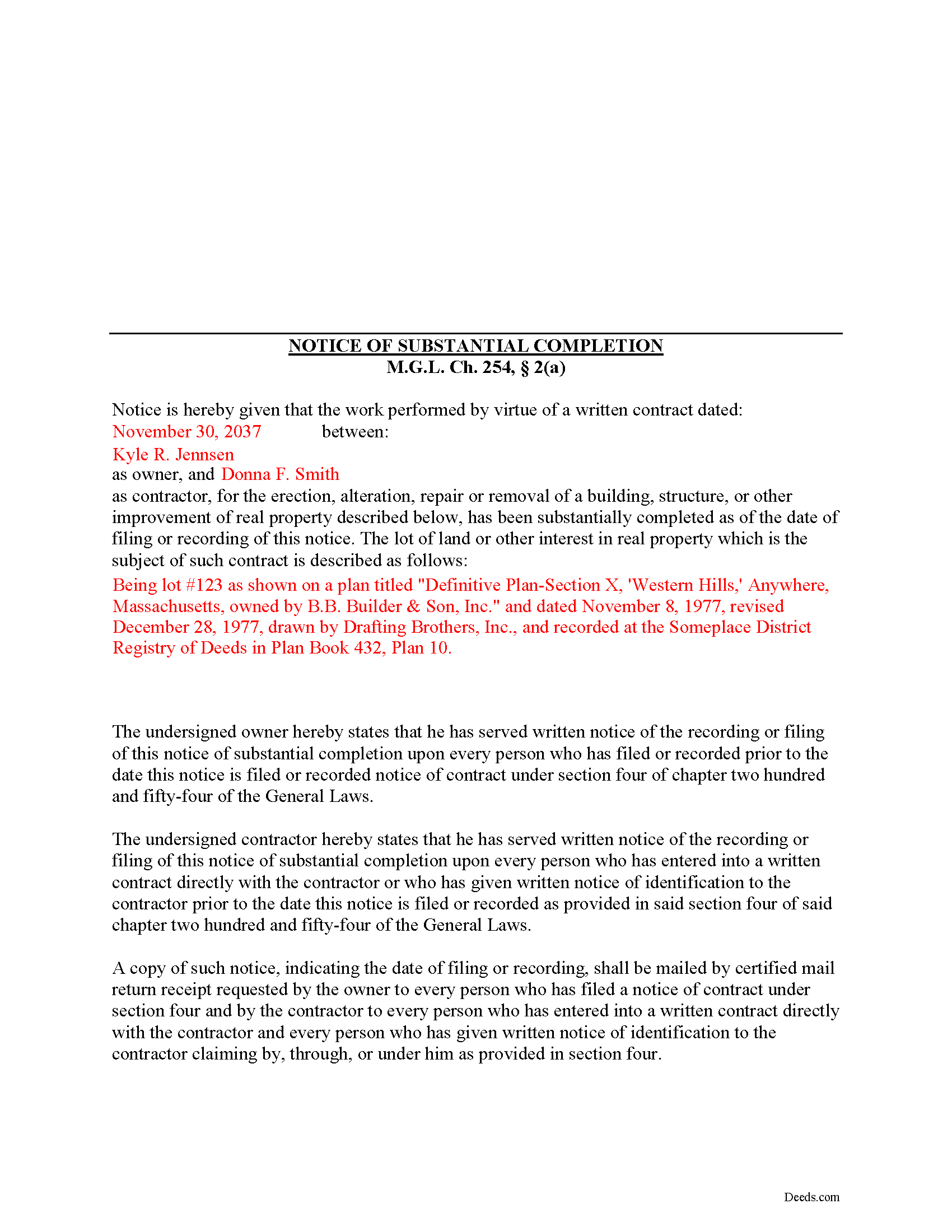 Worcester County Completed Example of the Notice of Substantial Completion Document