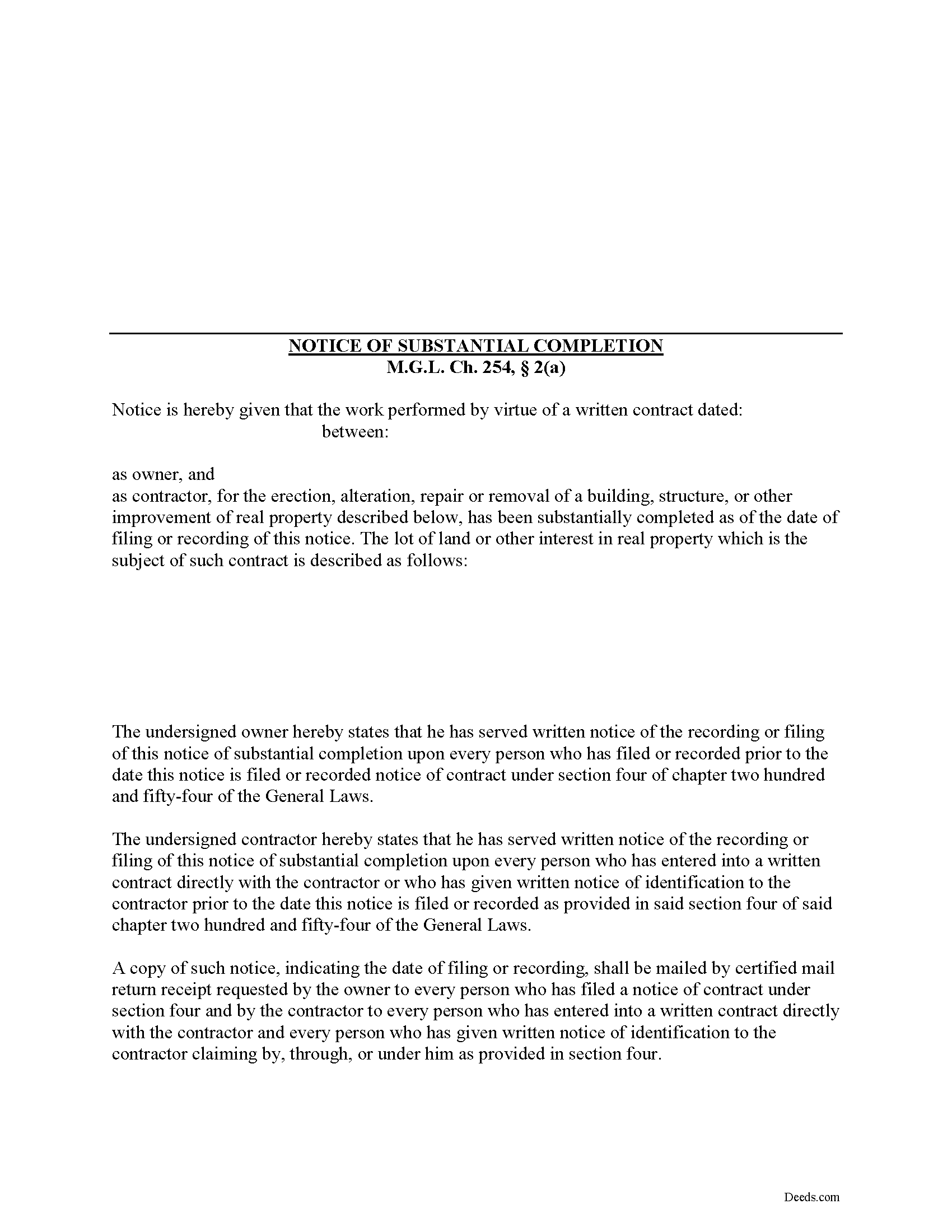 Worcester County Notice of Substantial Completion Form