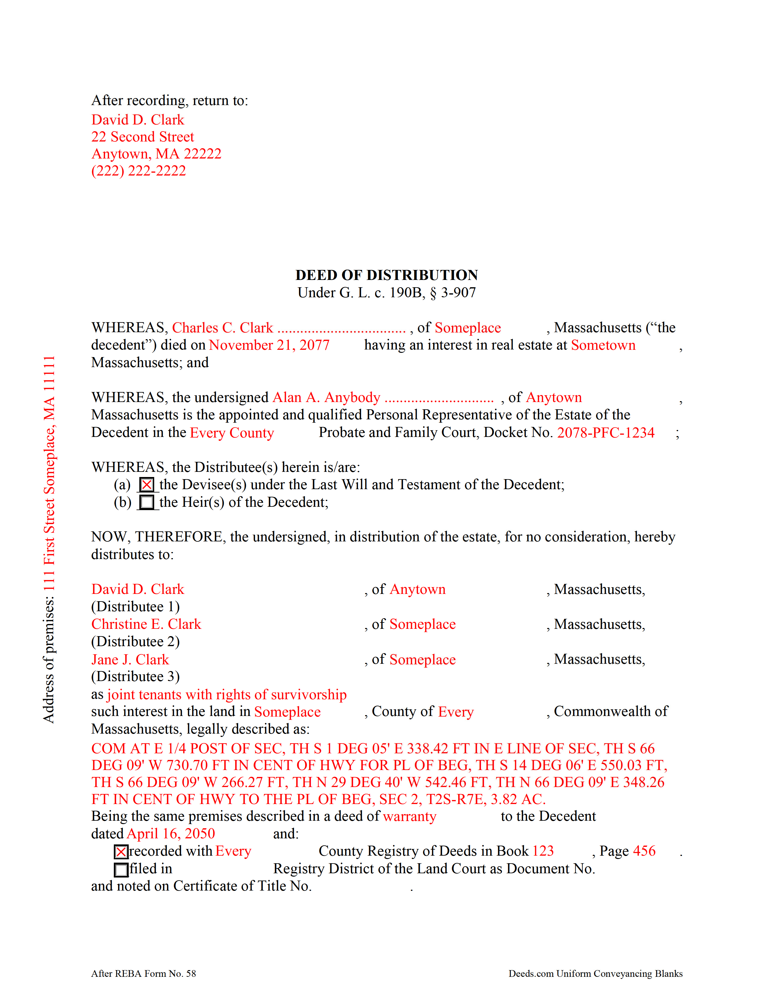Completed Example of the Personal Representative Deed of Distribution Document
