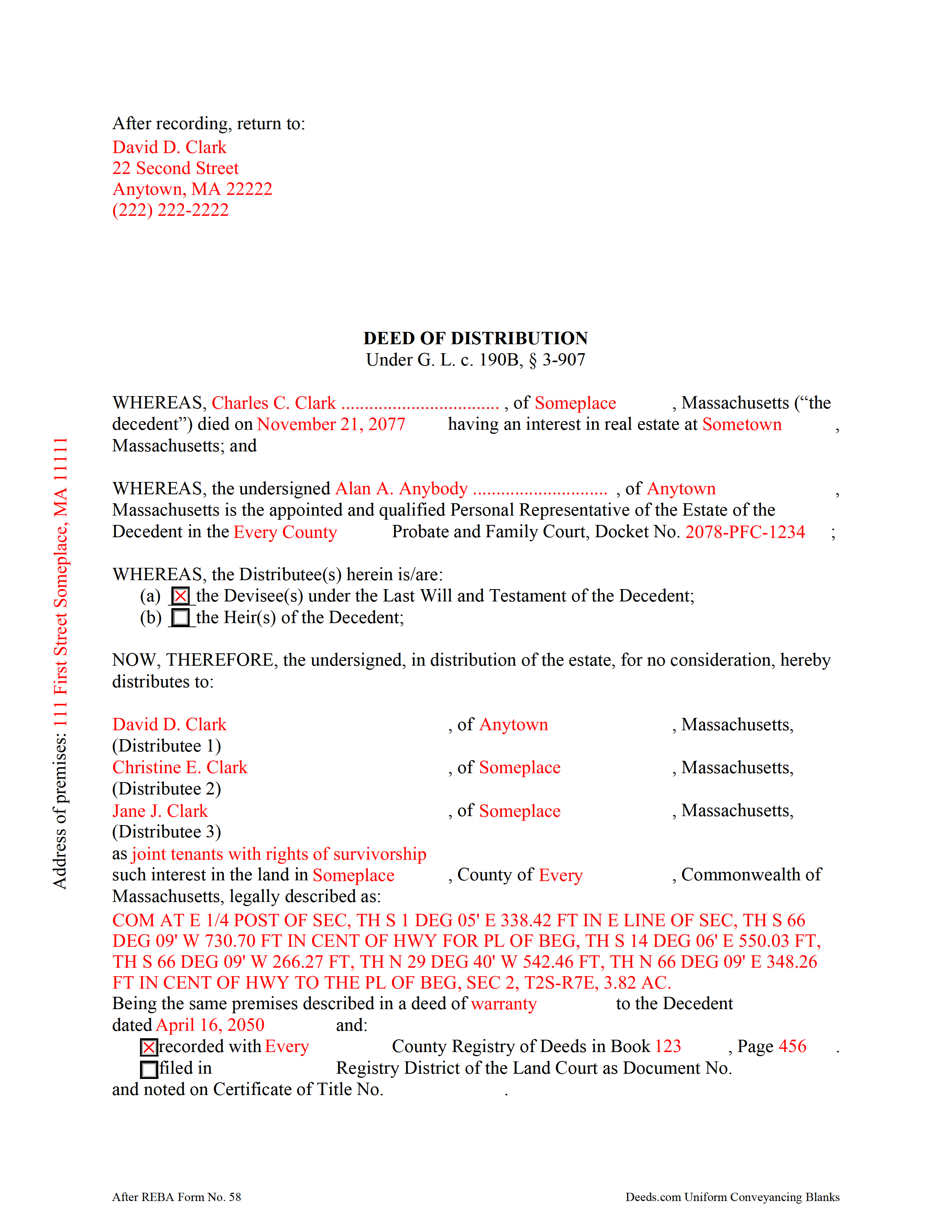 Franklin County Completed Example of the Personal Representative Deed of Distribution Document