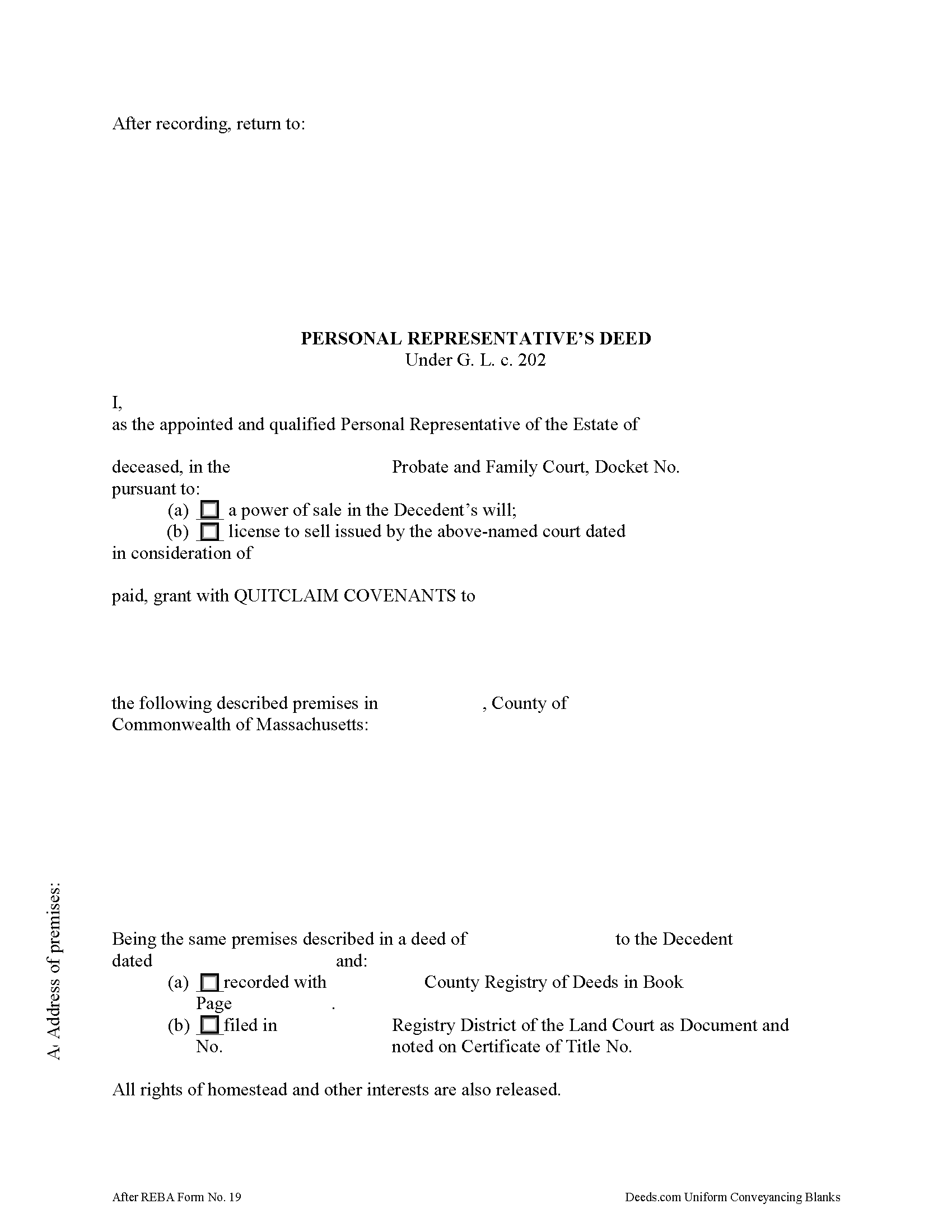 Hampden County Personal Representative Deed of Sale Form