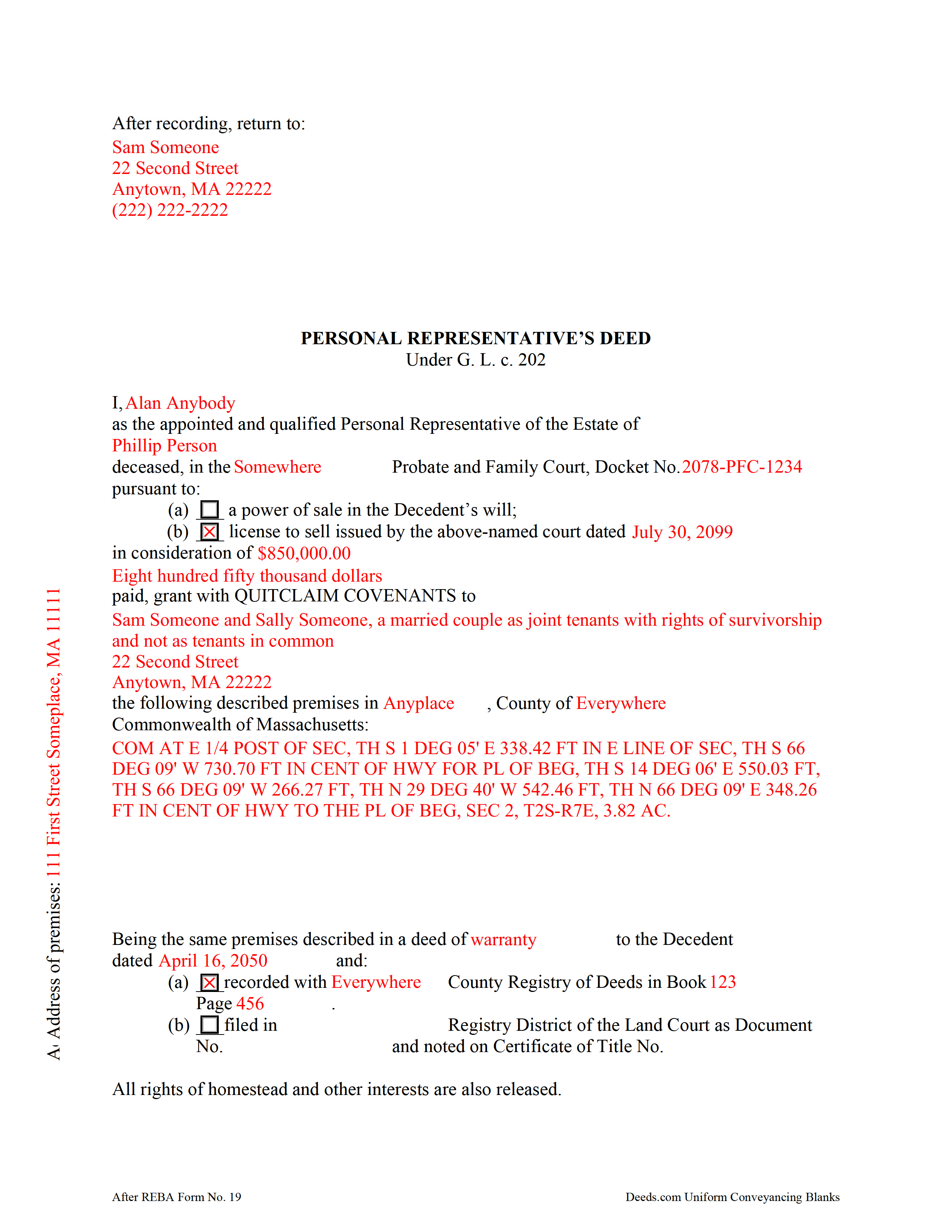 Hampden County Completed Example of the Personal Representative Deed of Sale Document