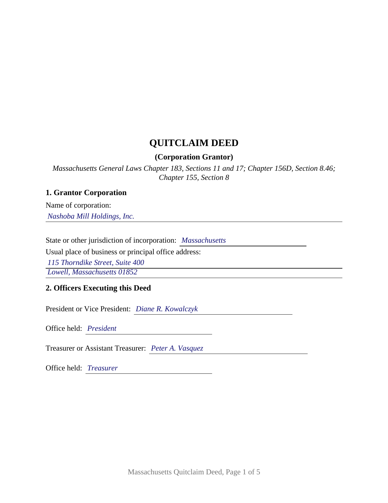 Worcester County Completed Example of the Quitclaim Deed (Corporation Grantor) Document
