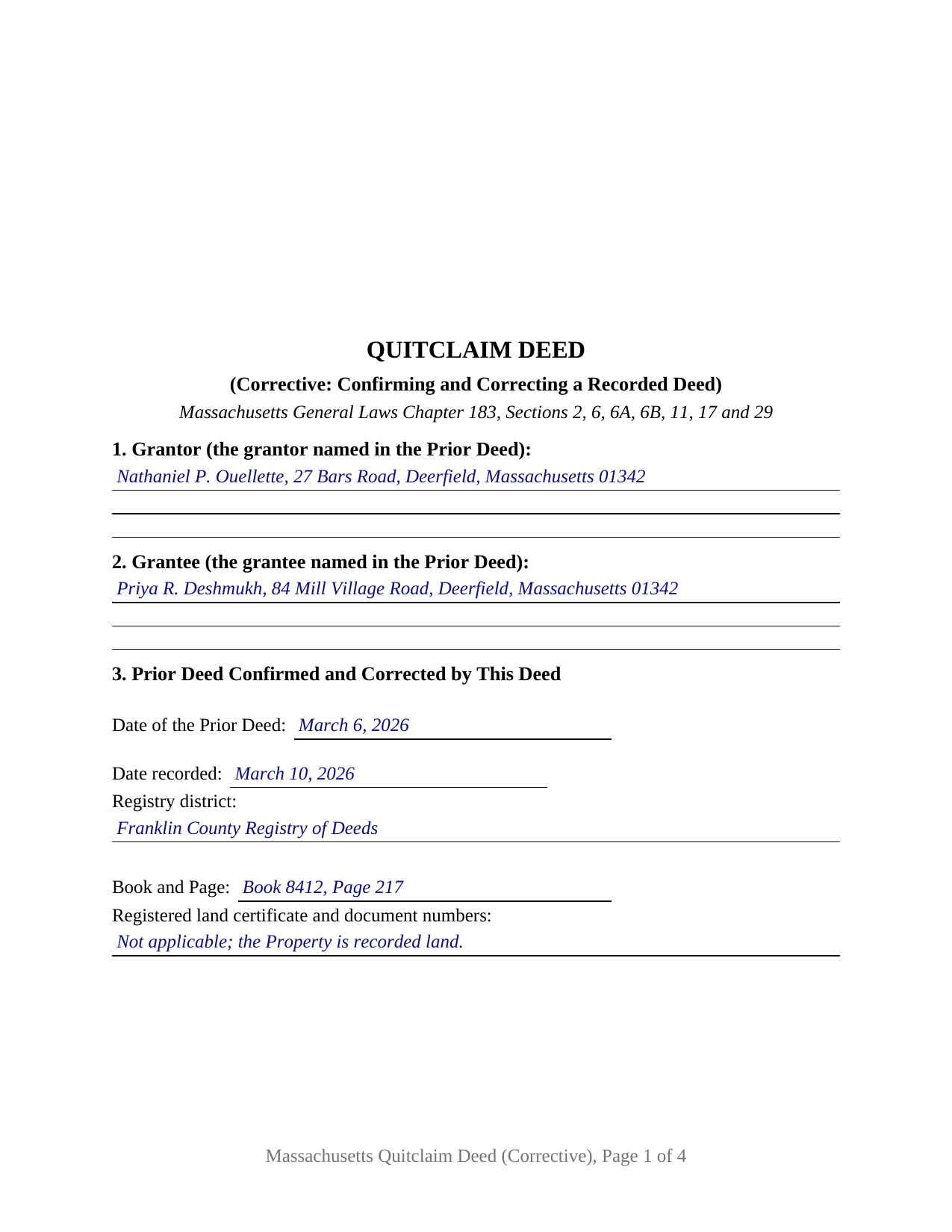 Dukes County Completed Example of the Quitclaim Deed (Corrective) Document