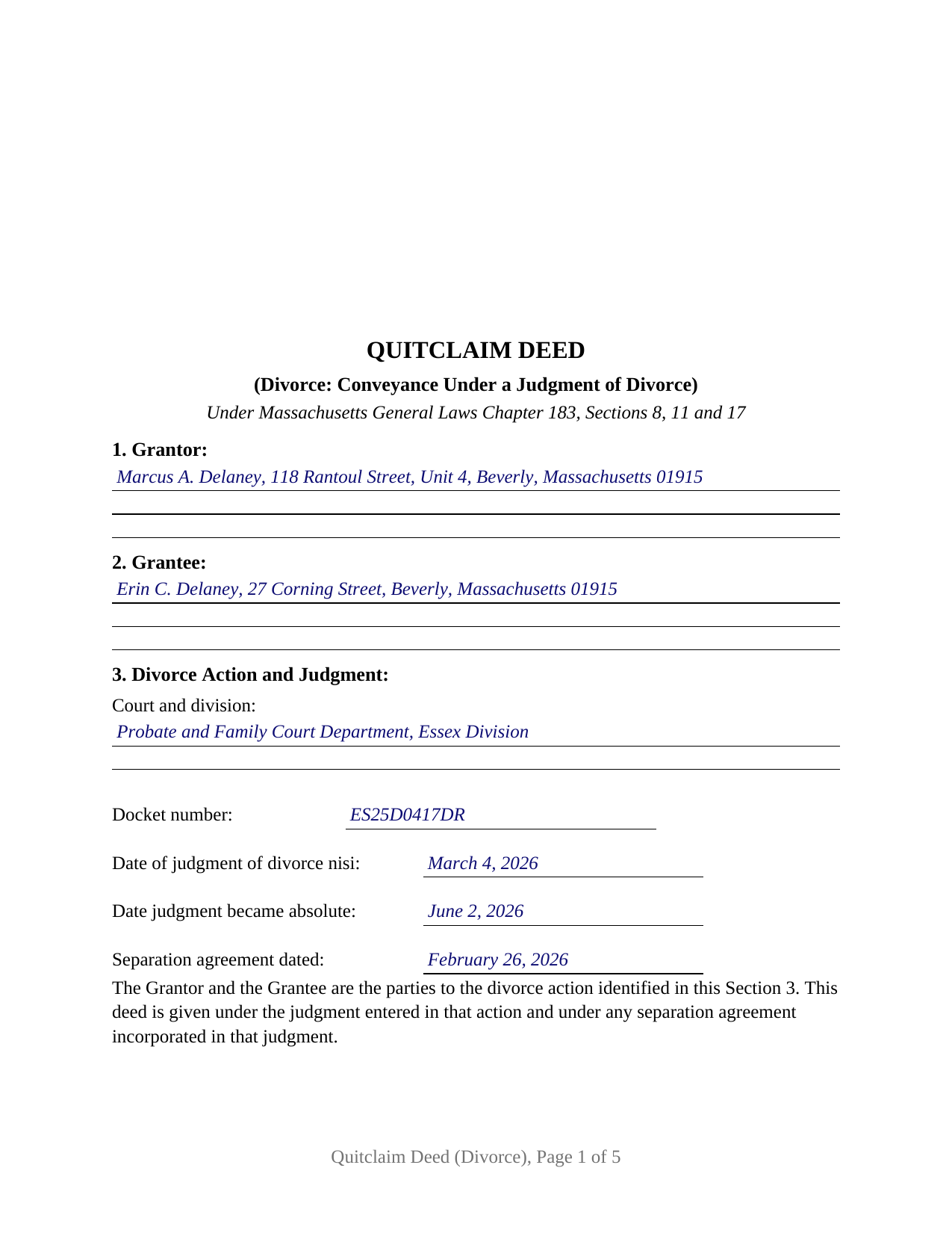Suffolk County Completed Example of the Quitclaim Deed (Divorce) Document