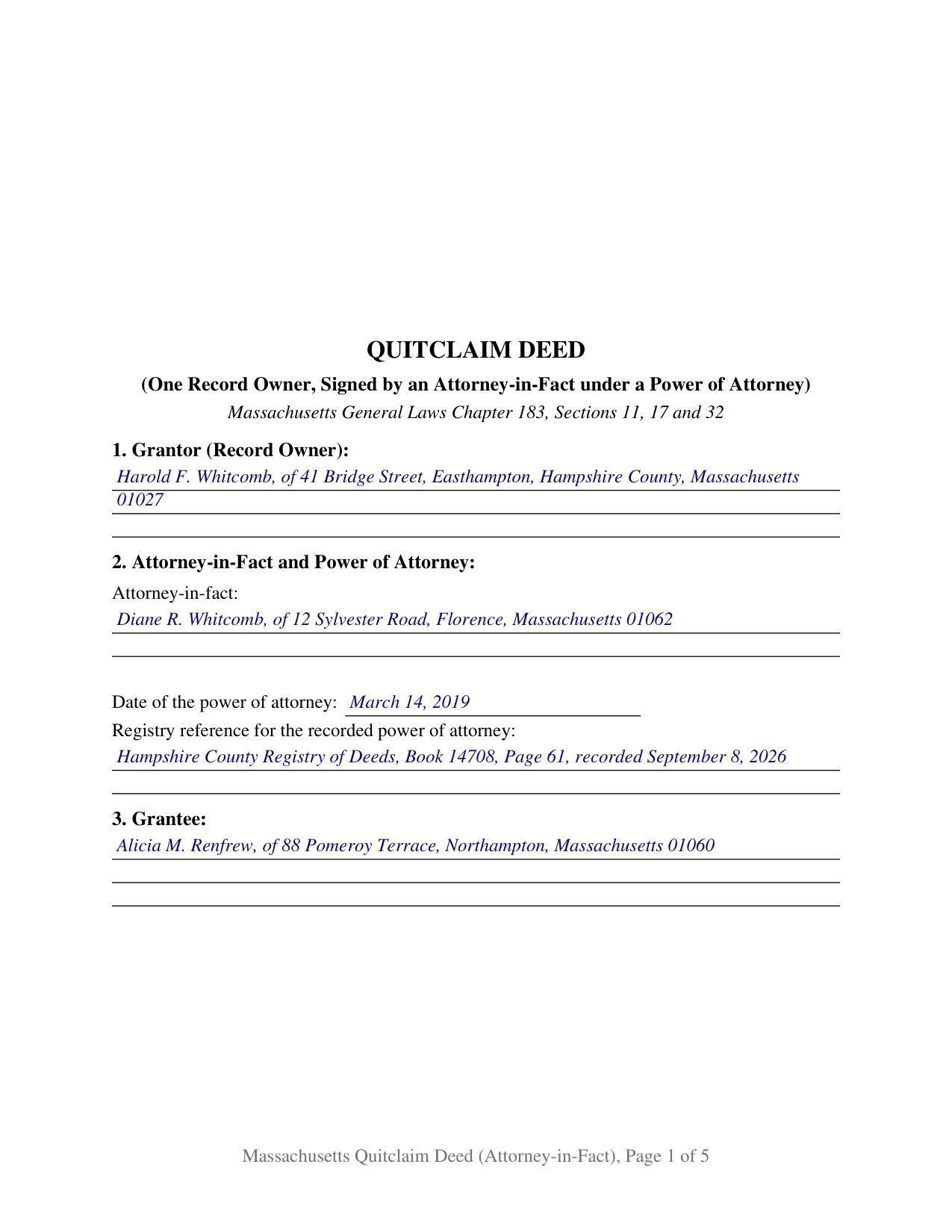 Franklin County Completed Example of the Quitclaim Deed (Individual Grantor by Attorney-in-Fact) Document