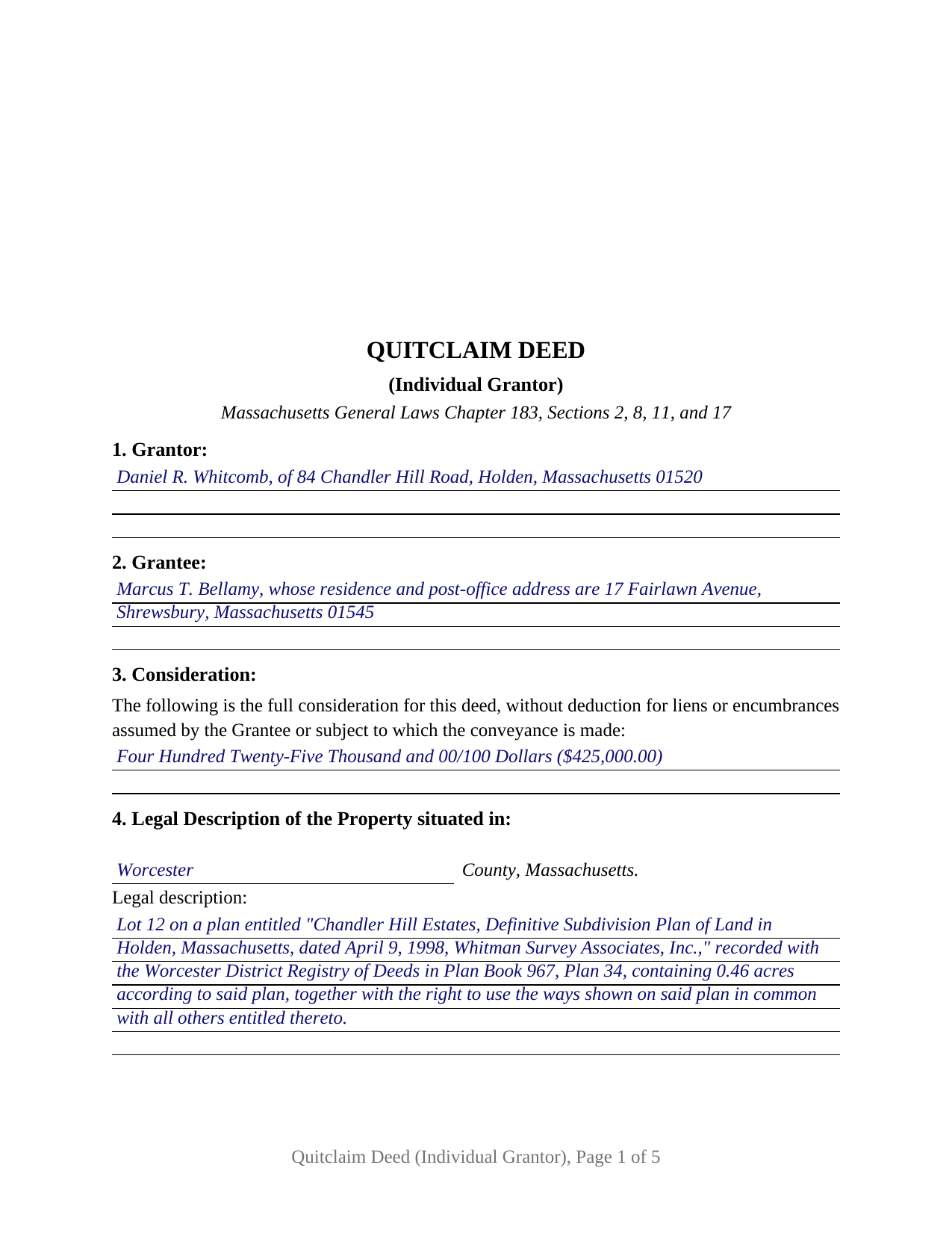 Bristol County Completed Example of the Quitclaim Deed (Individual Grantor) Document