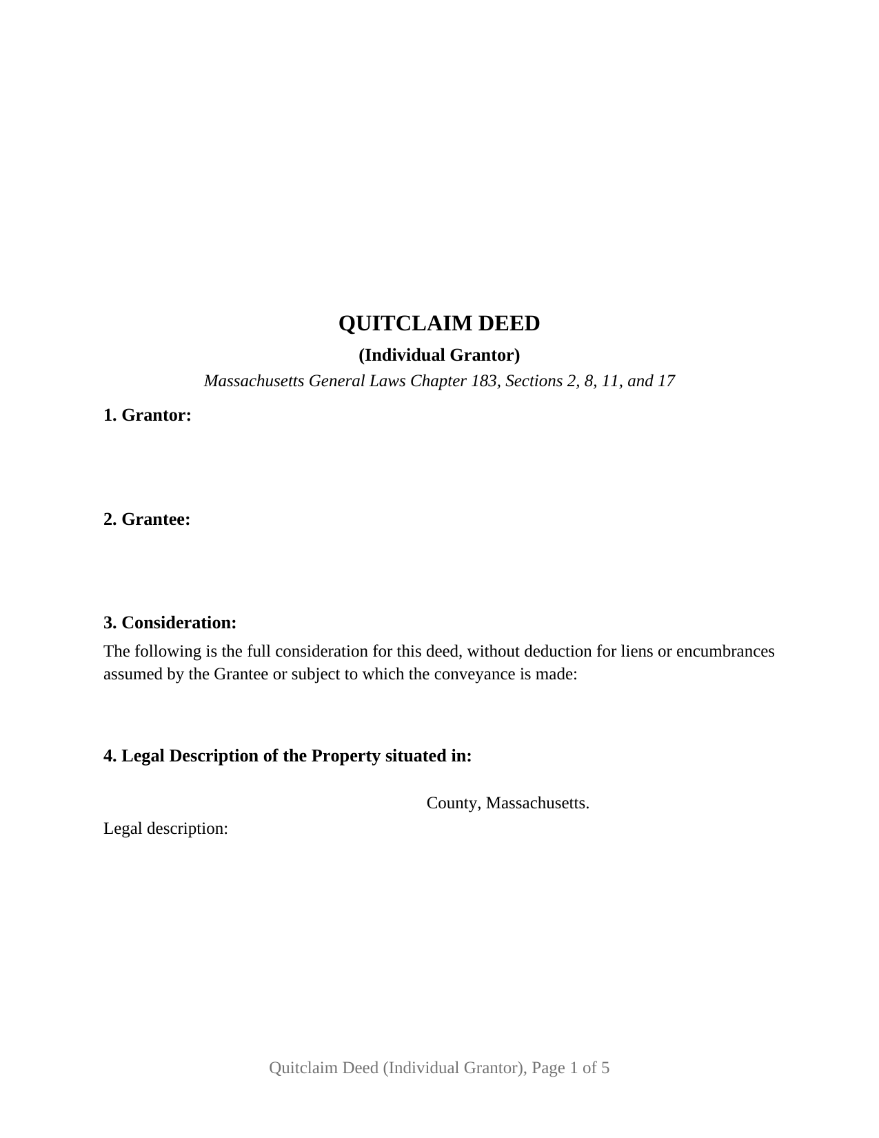 Bristol County Quitclaim Deed (Individual Grantor) Form