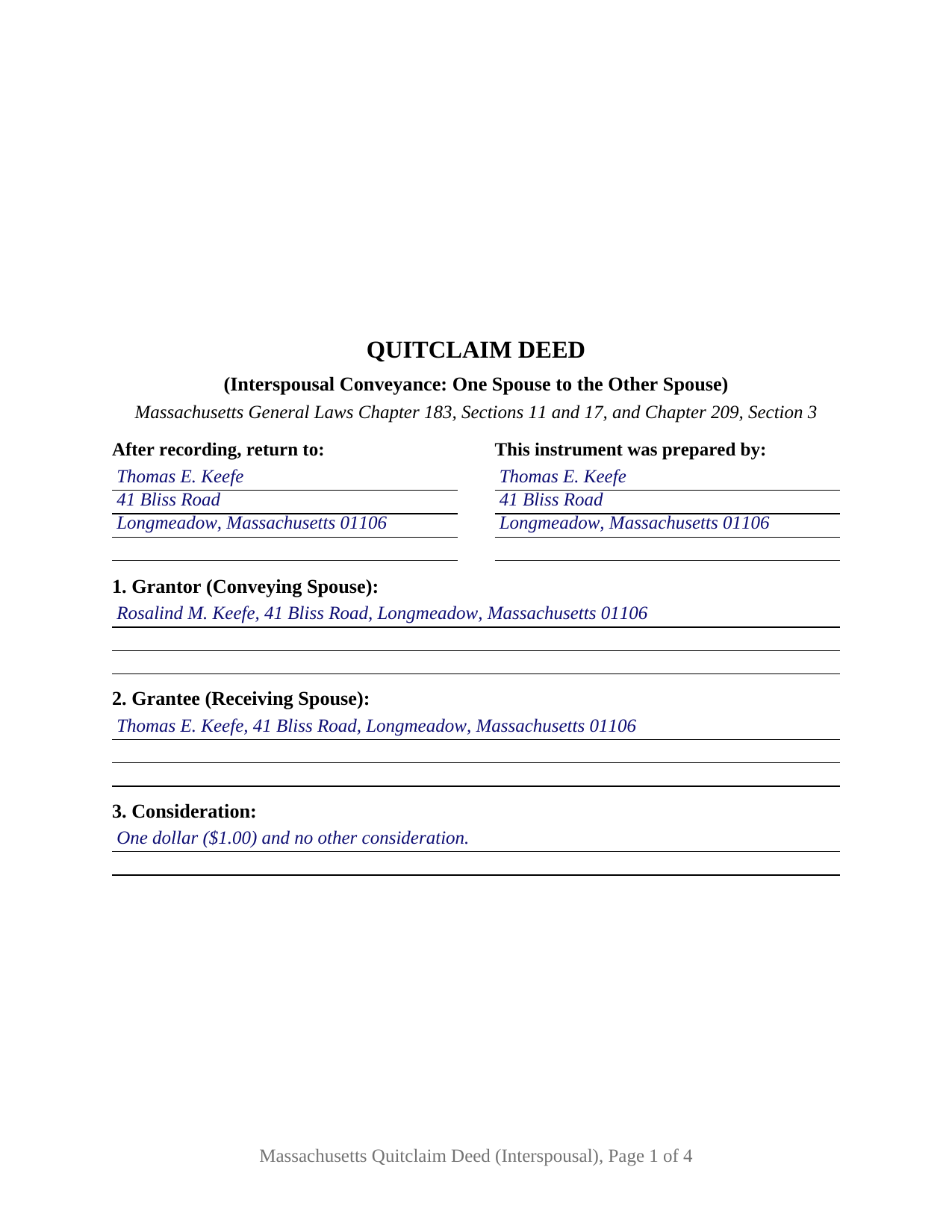 Plymouth County Completed Example of the Quitclaim Deed (Interspousal) Document