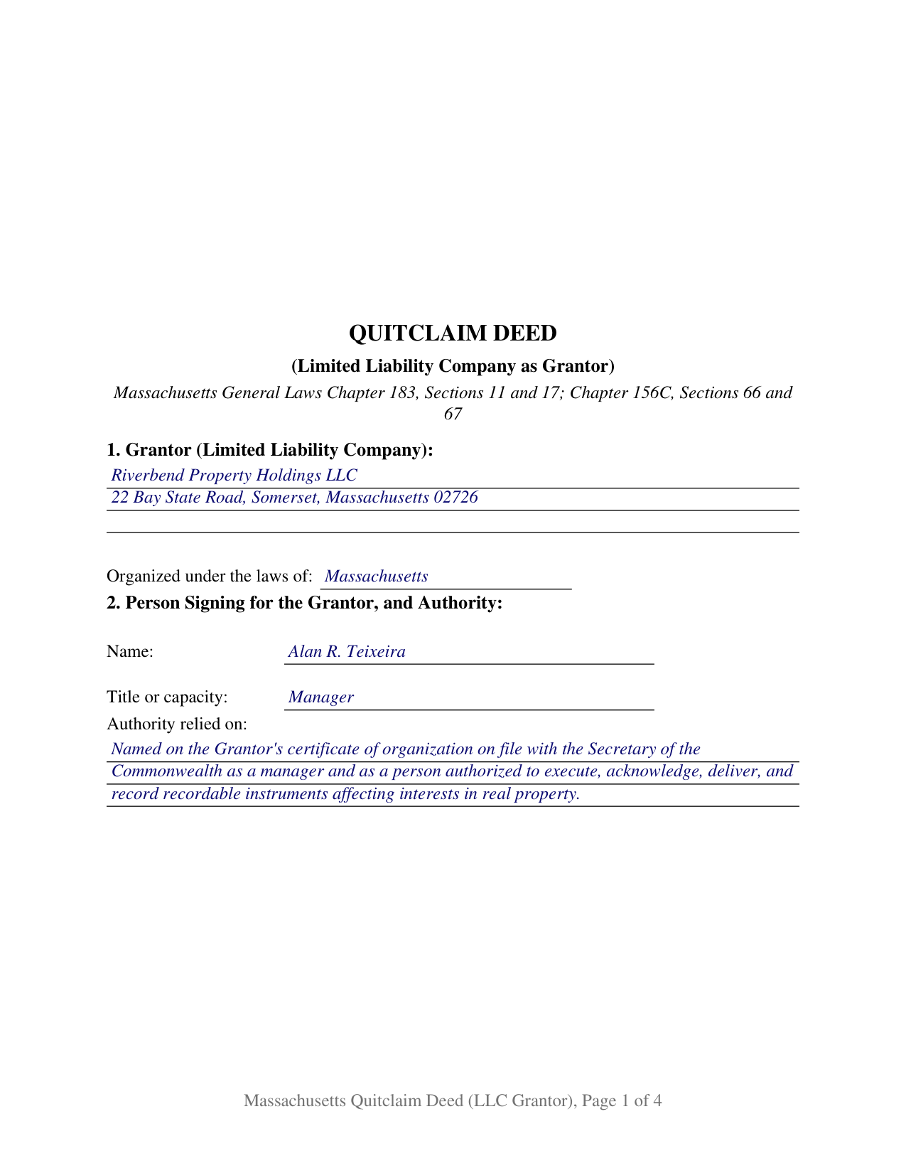 Middlesex County Completed Example of the Quitclaim Deed (LLC Grantor) Document