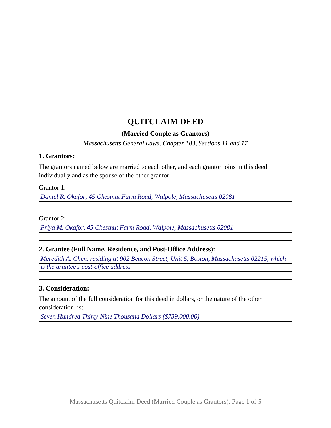 Middlesex County Completed Example of the Quitclaim Deed (Married Couple as Grantors) Document