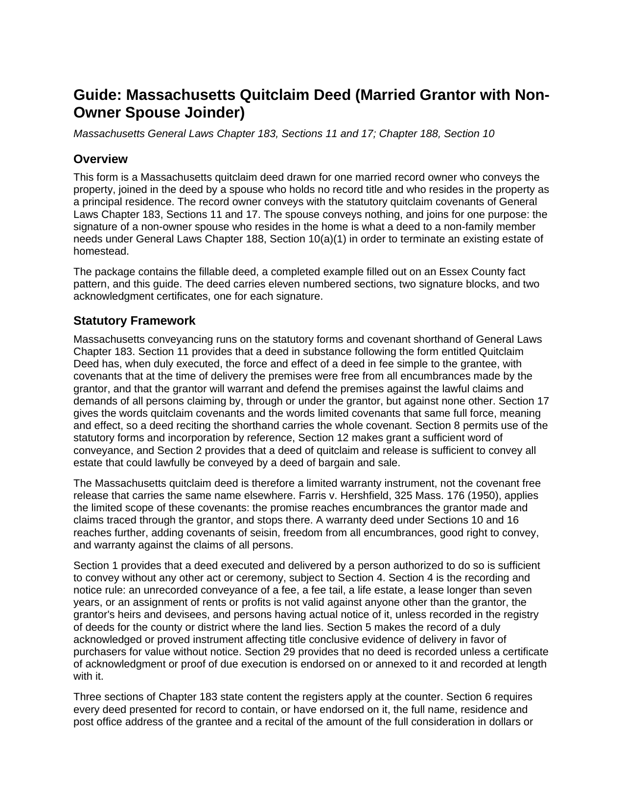 Essex County Quitclaim Deed (Married Grantor with Non-Owner Spouse Joinder) Guide