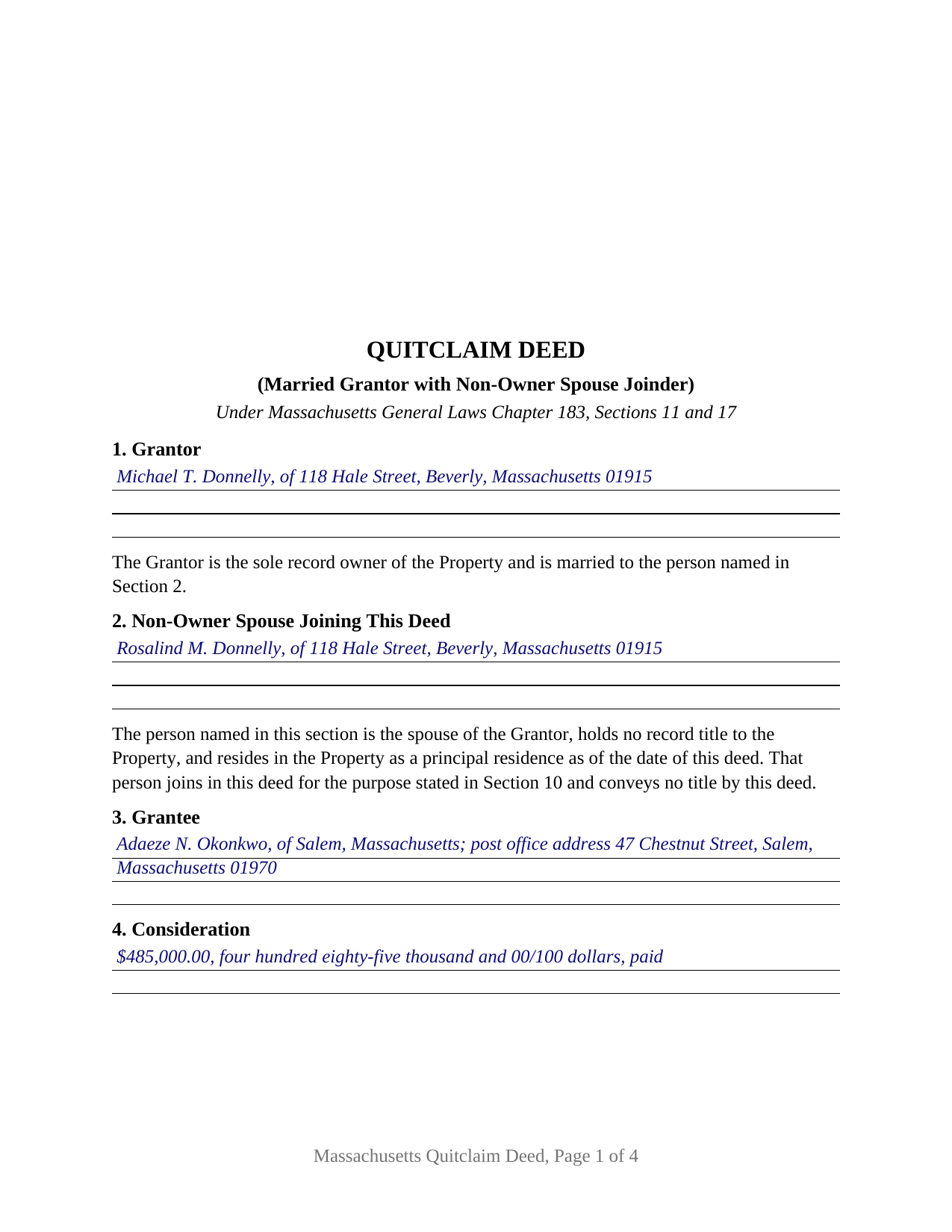 Essex County Completed Example of the Quitclaim Deed (Married Grantor with Non-Owner Spouse Joinder) Document