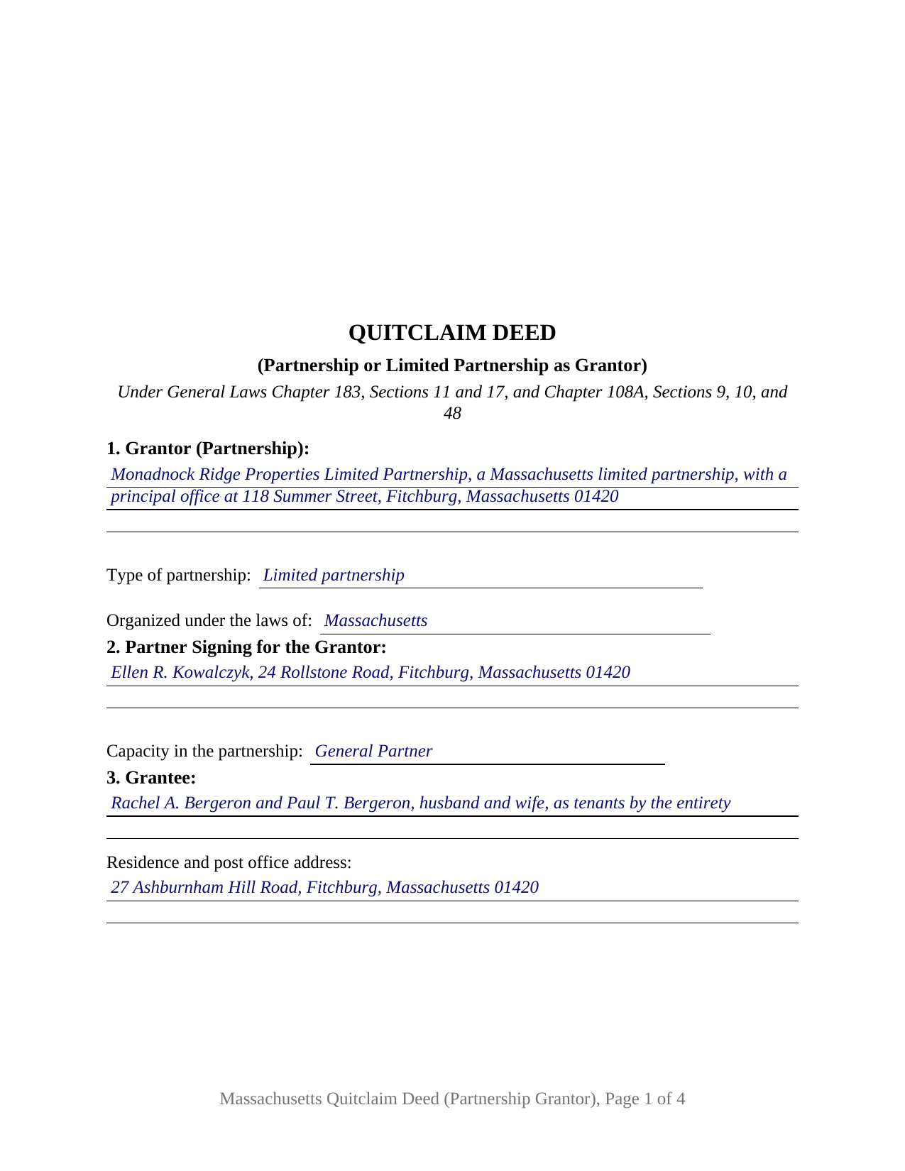 Middlesex County Completed Example of the Quitclaim Deed (Partnership or Limited Partnership Grantor) Document