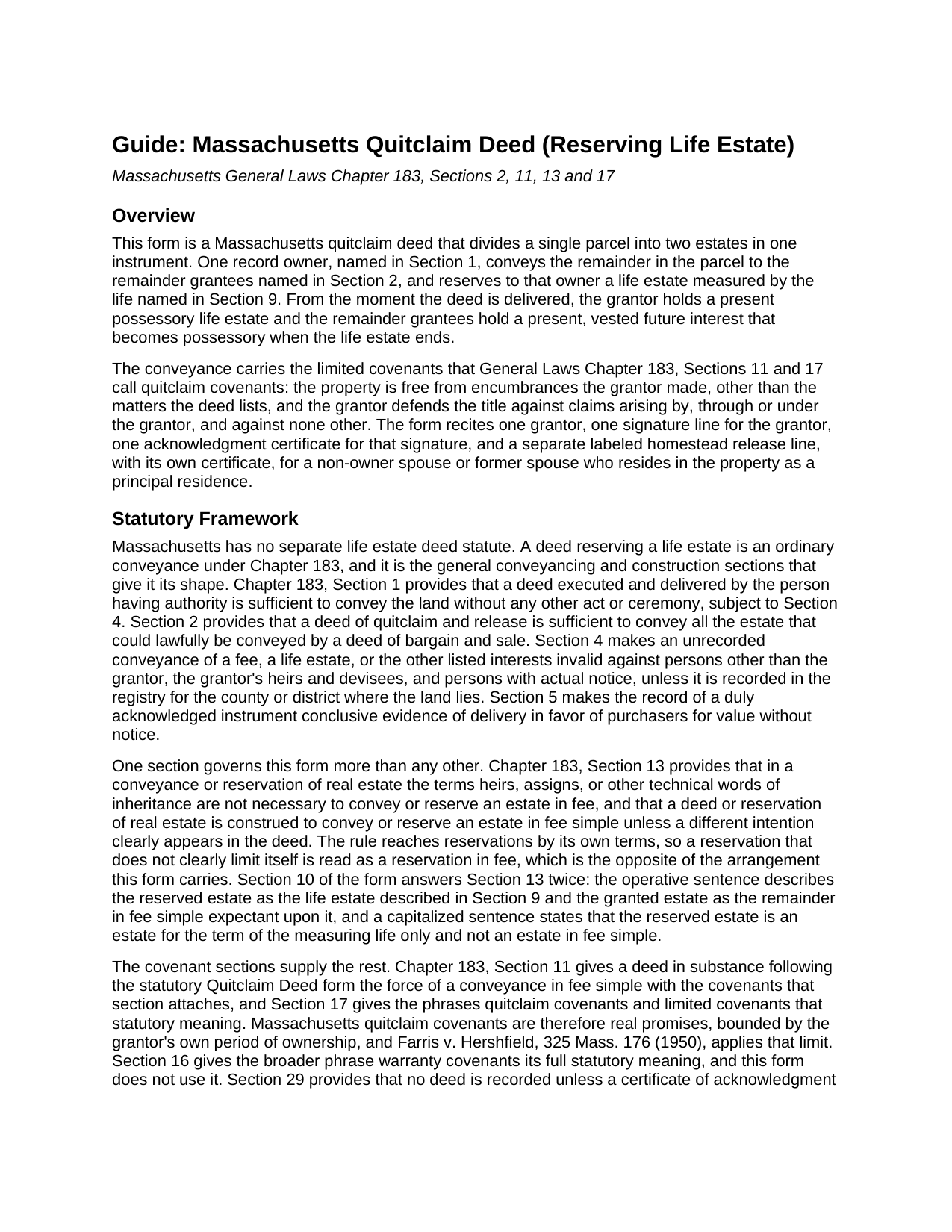 Essex County Quitclaim Deed (Reserving Life Estate) Guide