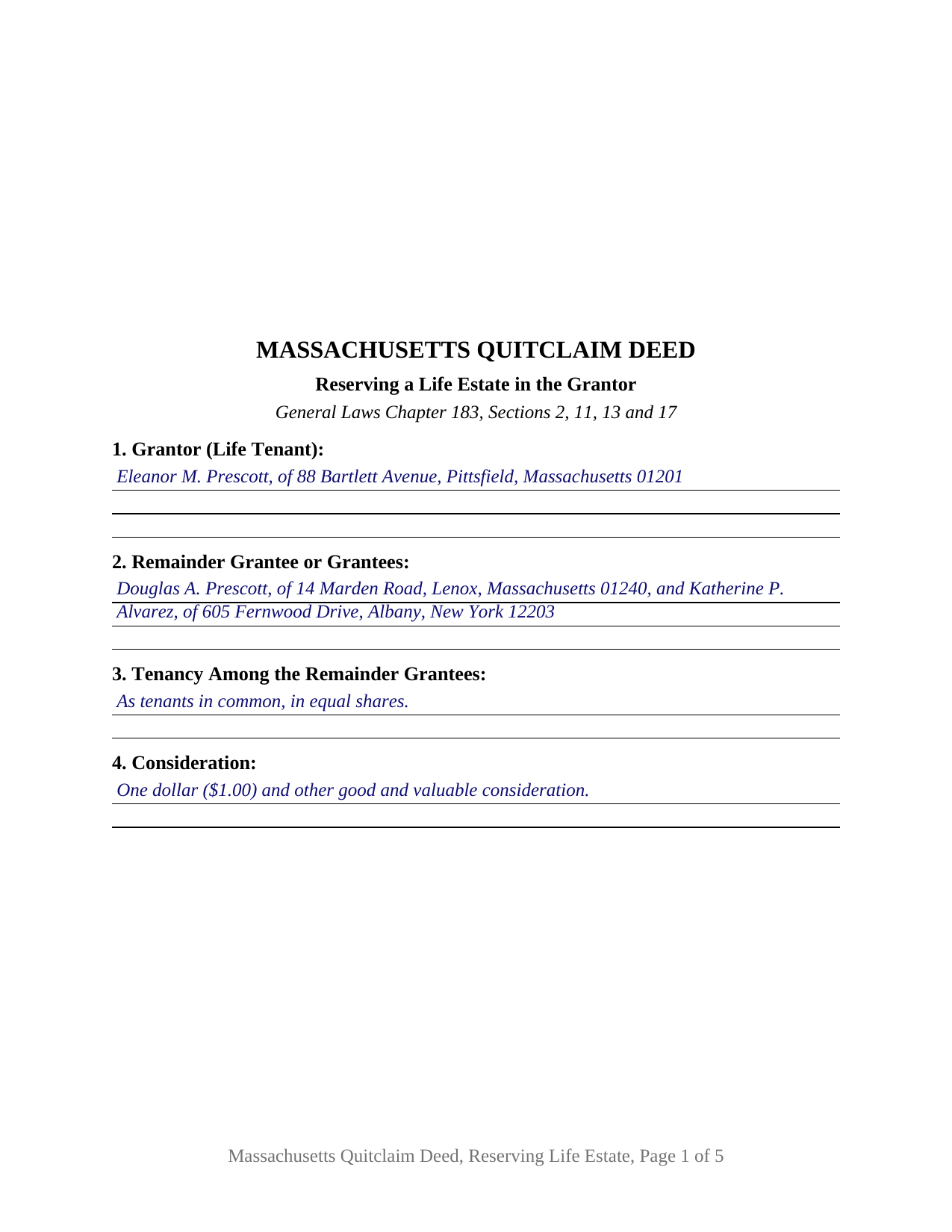 Essex County Completed Example of the Quitclaim Deed (Reserving Life Estate) Document