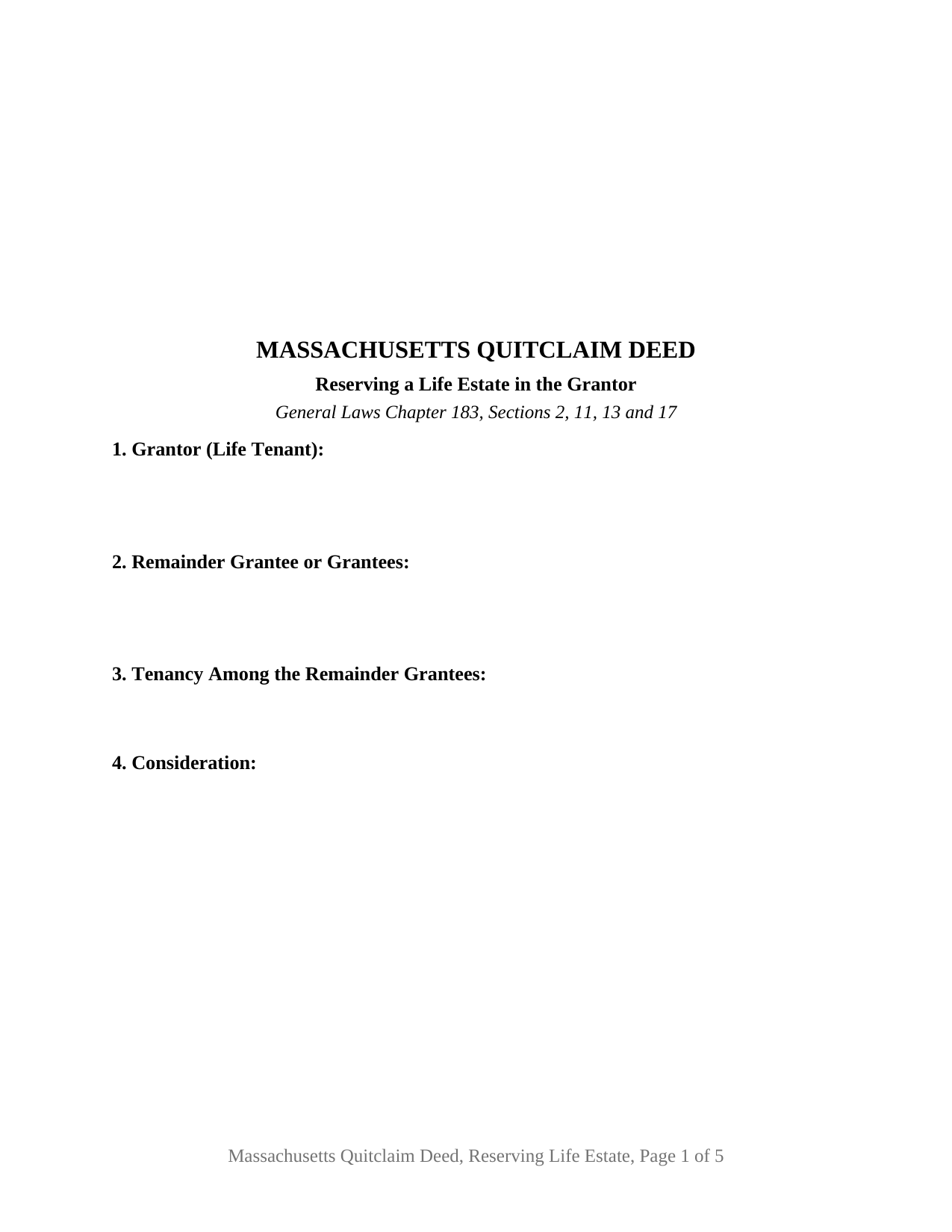 Essex County Quitclaim Deed (Reserving Life Estate) Form