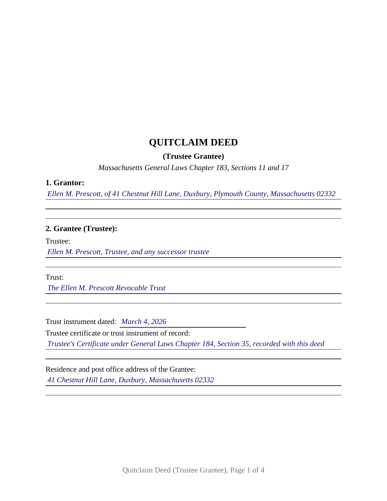 Dukes County Completed Example of the Quitclaim Deed (Trustee Grantee) Document